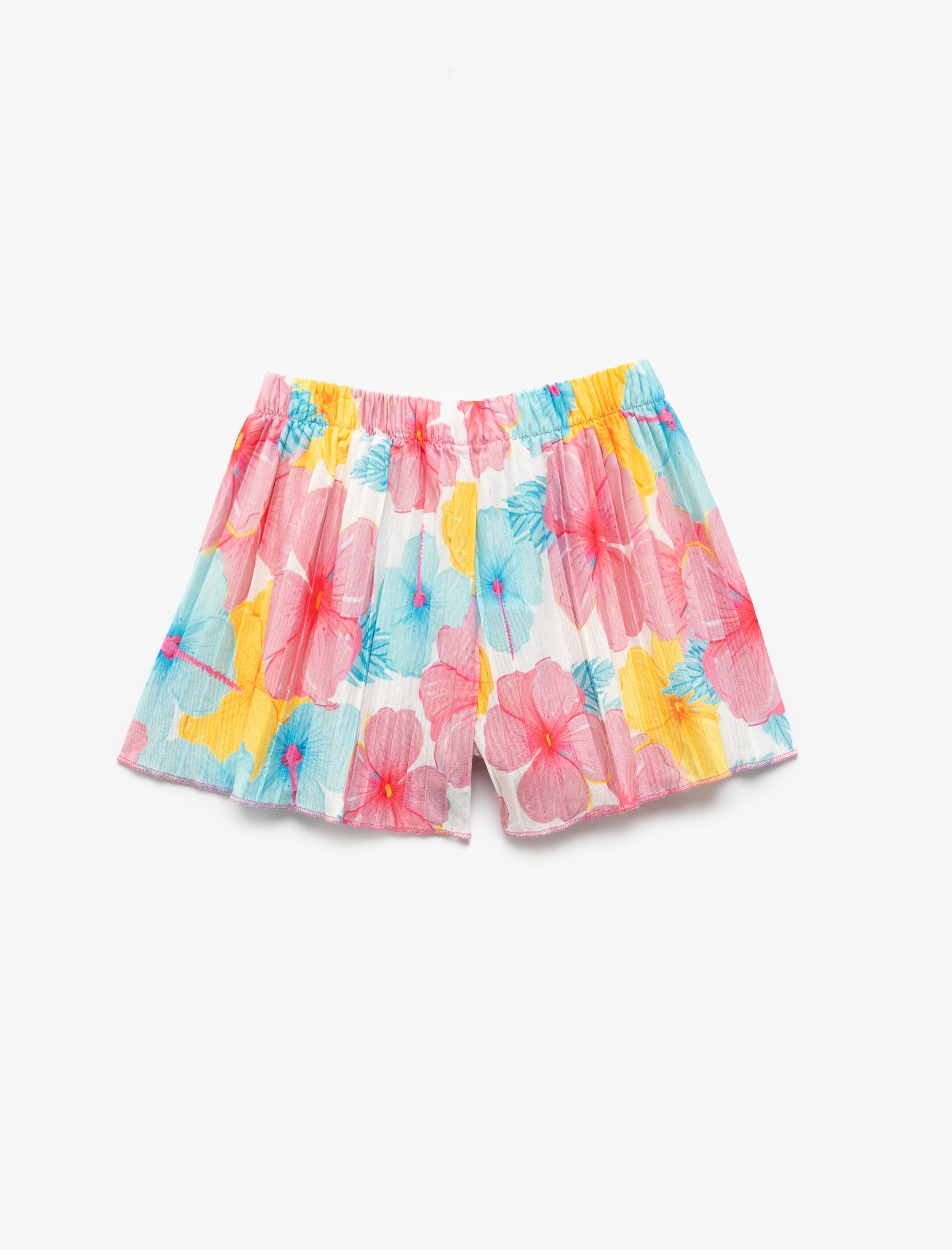  Kız Çocuk Çiçek Desenli Beli Bağcıklı Pileli Şort