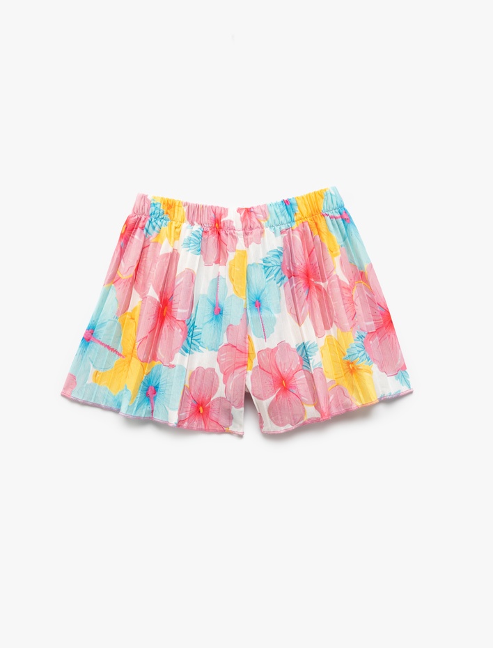 Kız Çocuk Çiçek Desenli Beli Bağcıklı Pileli Şort