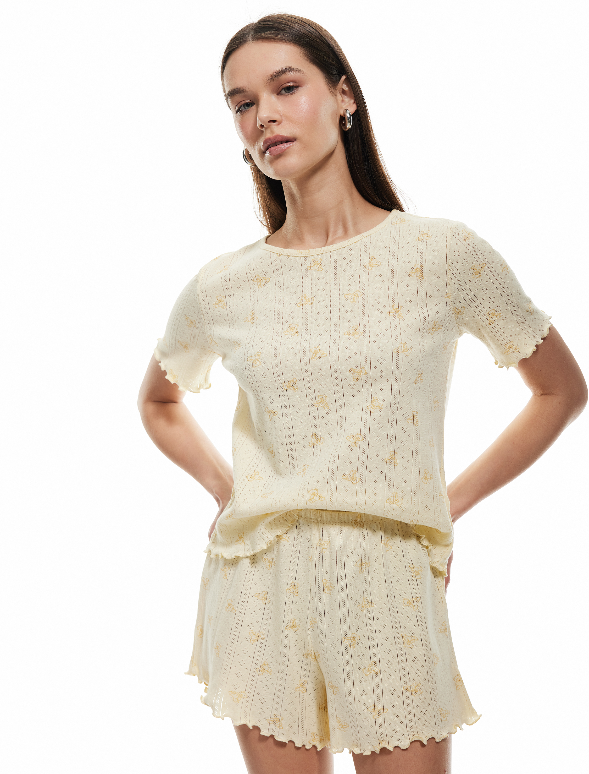   Pamuklu Kısa Kollu Ayıcık Baskılı Şortlu Pijama Takımı