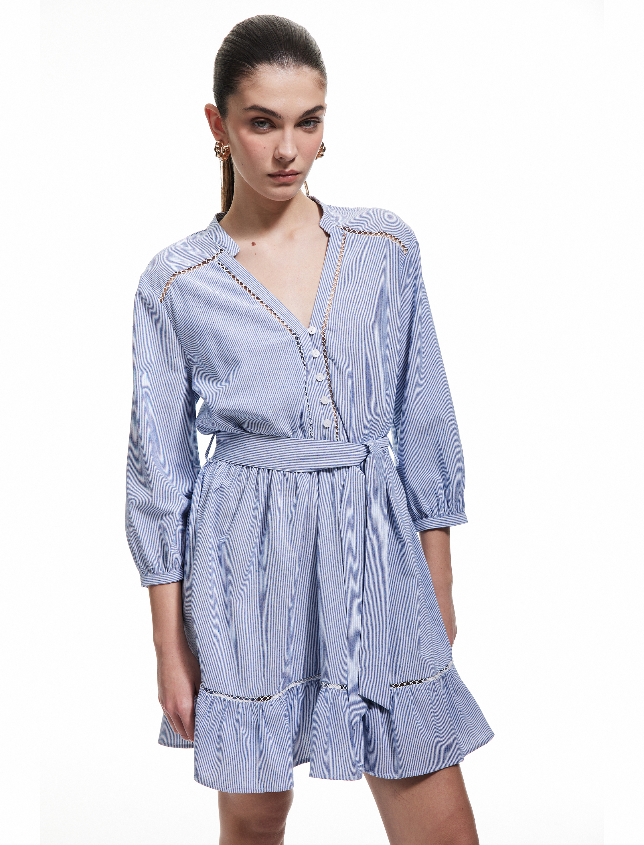   Mandarin Yaka Kemer Detaylı Uzun Kollu Fistolu Viskon Gömlek Elbise