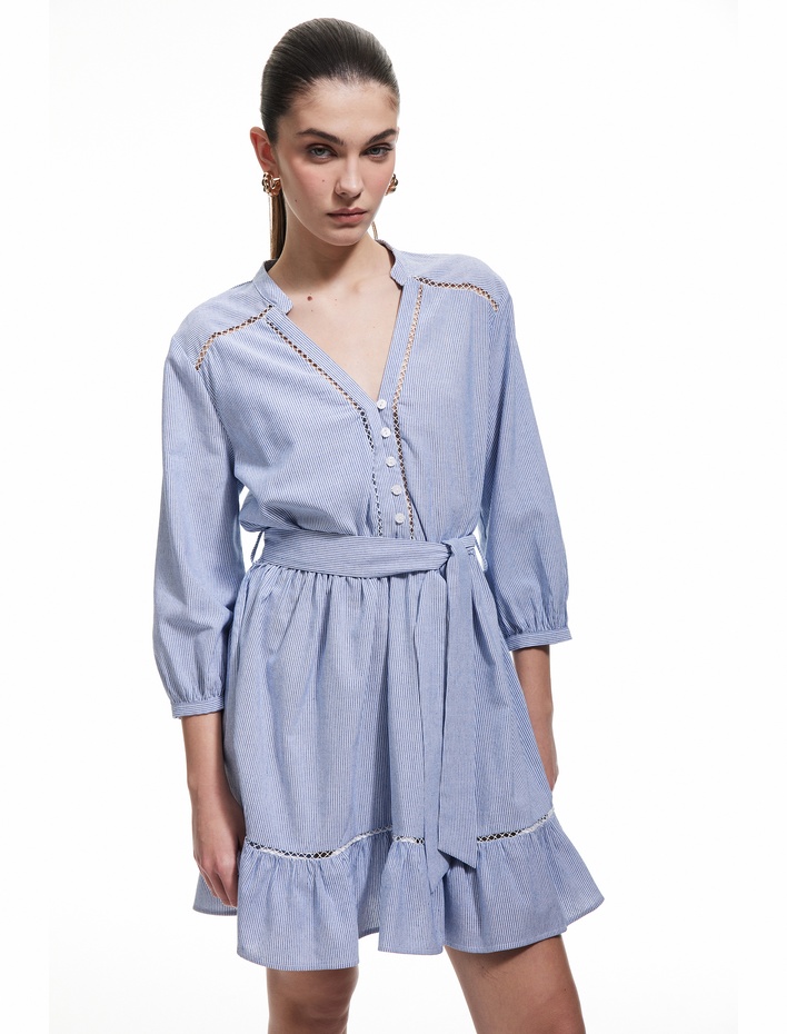  Mandarin Yaka Kemer Detaylı Uzun Kollu Fistolu Viskon Gömlek Elbise