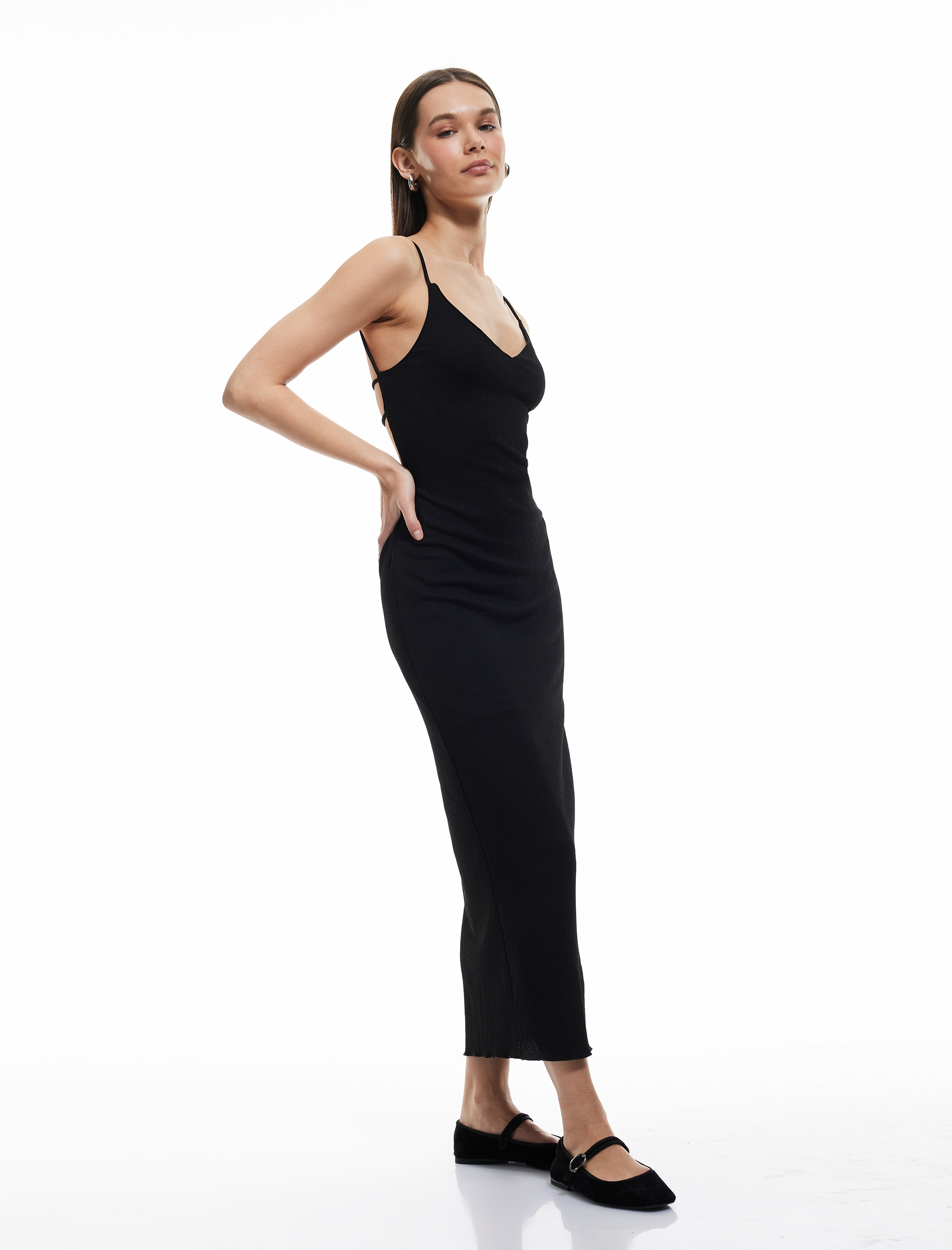   Sırt Detaylı İp Askılı V Yaka Uzun Elbise Bürümcük