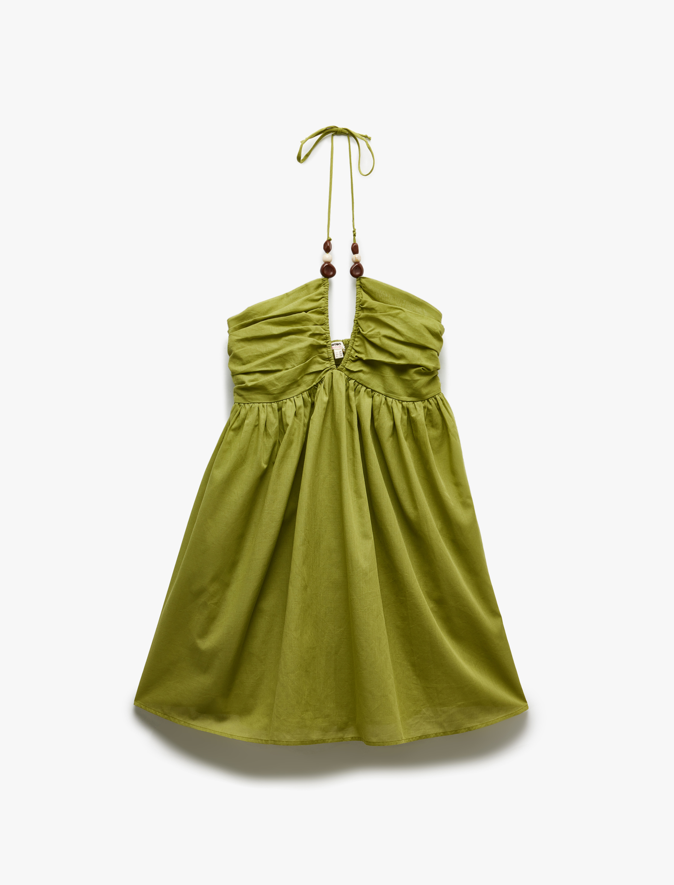 Pamuklu Boncuk Detaylı Askılı Halter Yaka Mini Plaj Elbisesi