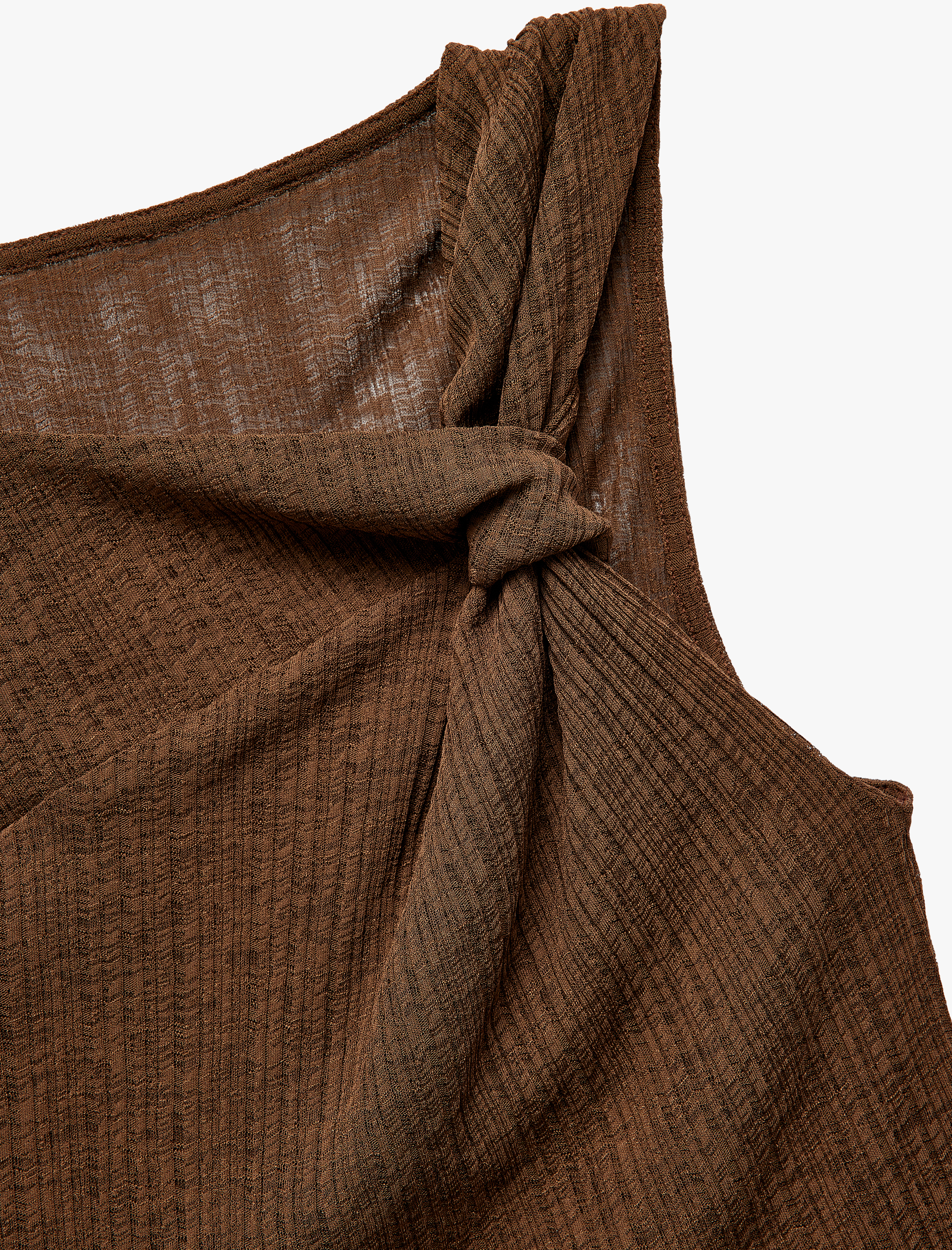   Asimetrik Yaka Düğüm Detaylı Dokulu Kolsuz Tişört