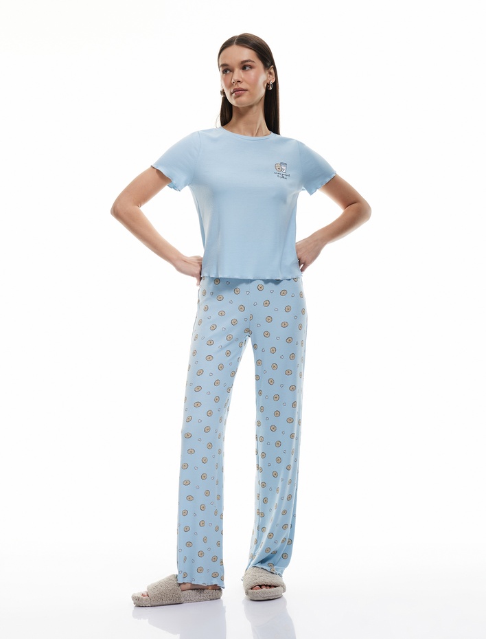 Viskon Kaşkorse Kısa Kollu Bisiklet Yaka Baskılı Pijama Takımı