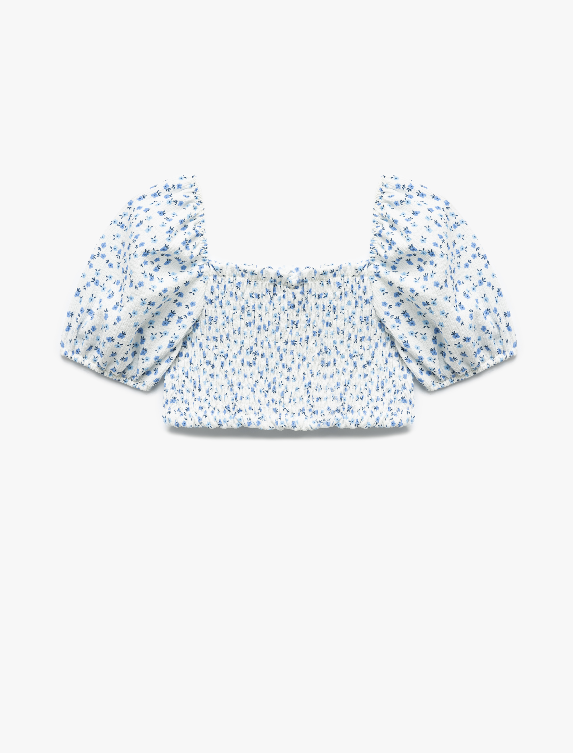 Kız Bebek Kare Yaka Balon Kollu Gipeli Çiçek Desenli Crop Bluz