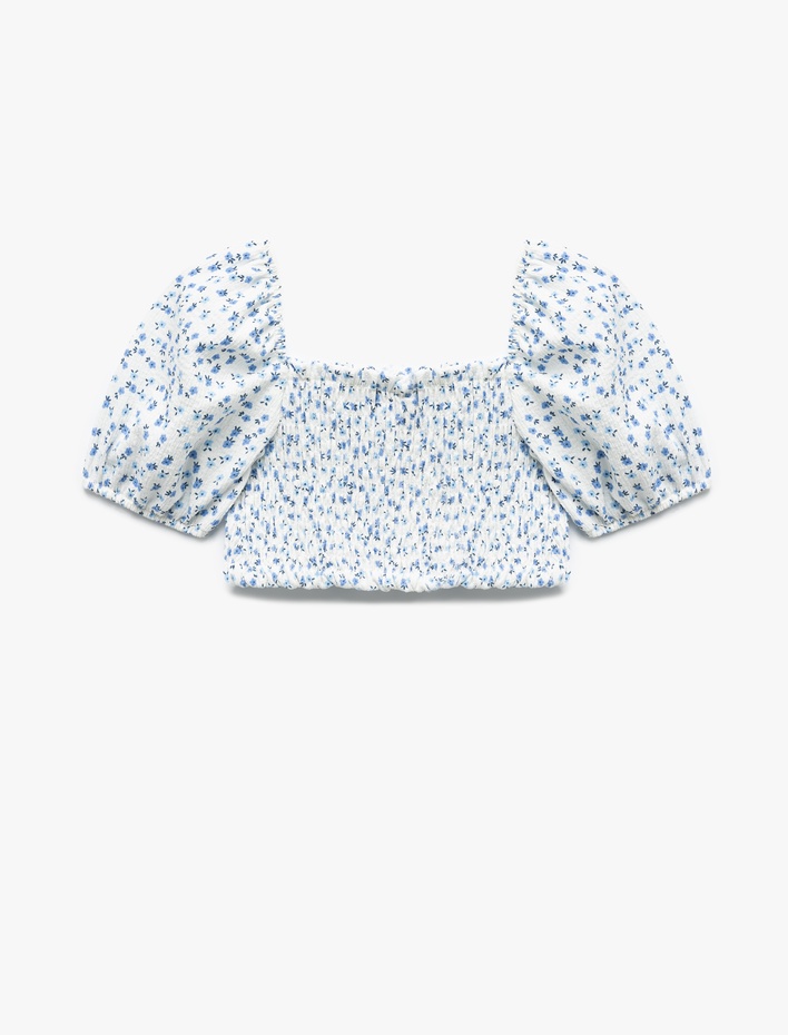 Kız Bebek Kare Yaka Balon Kollu Gipeli Çiçek Desenli Crop Bluz