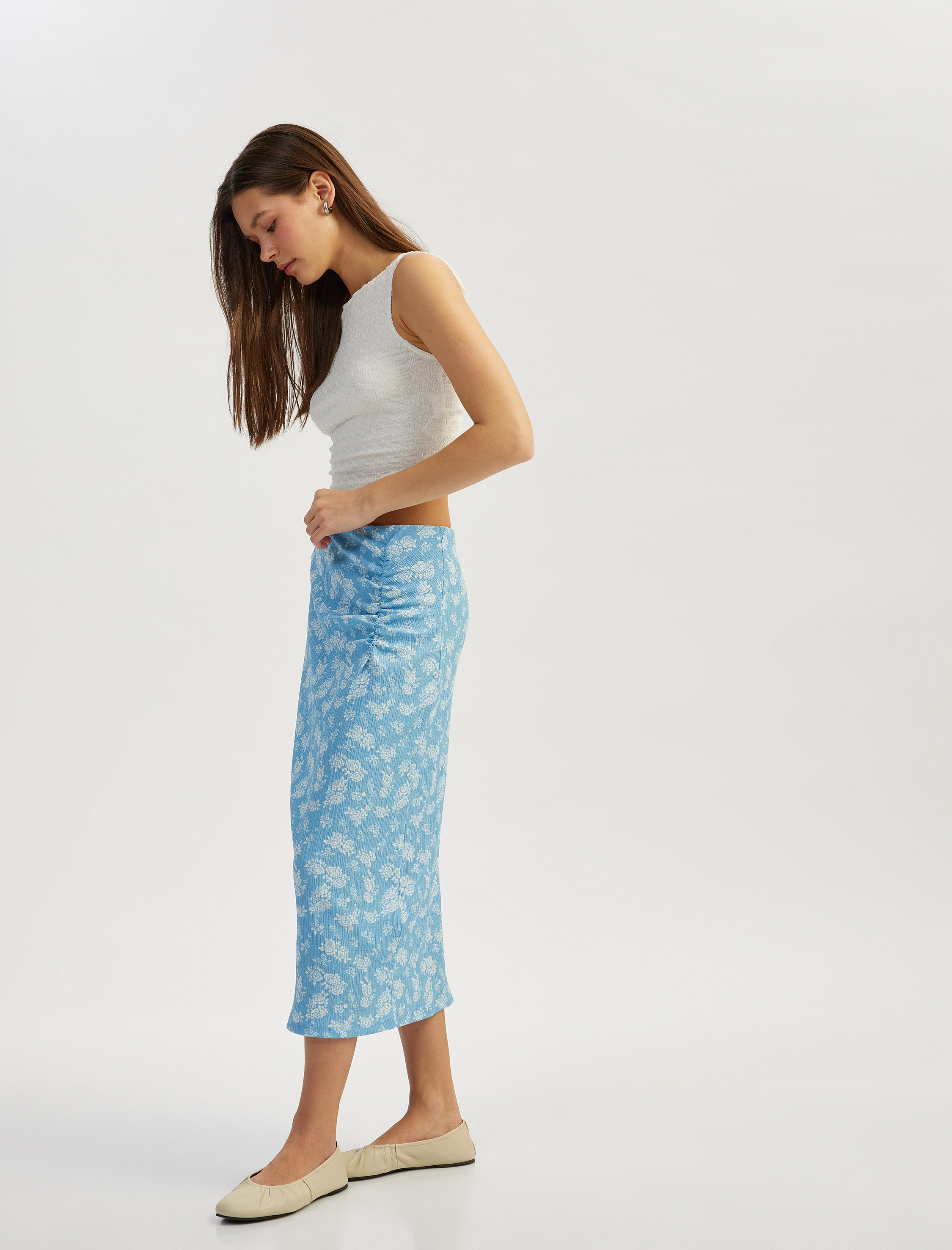   Drapeli Çiçekli Beli Lastikli Midi Kalem Etek Bürümcük