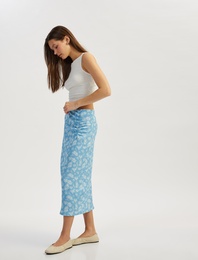 Drapeli Çiçekli Beli Lastikli Midi Kalem Etek Bürümcük