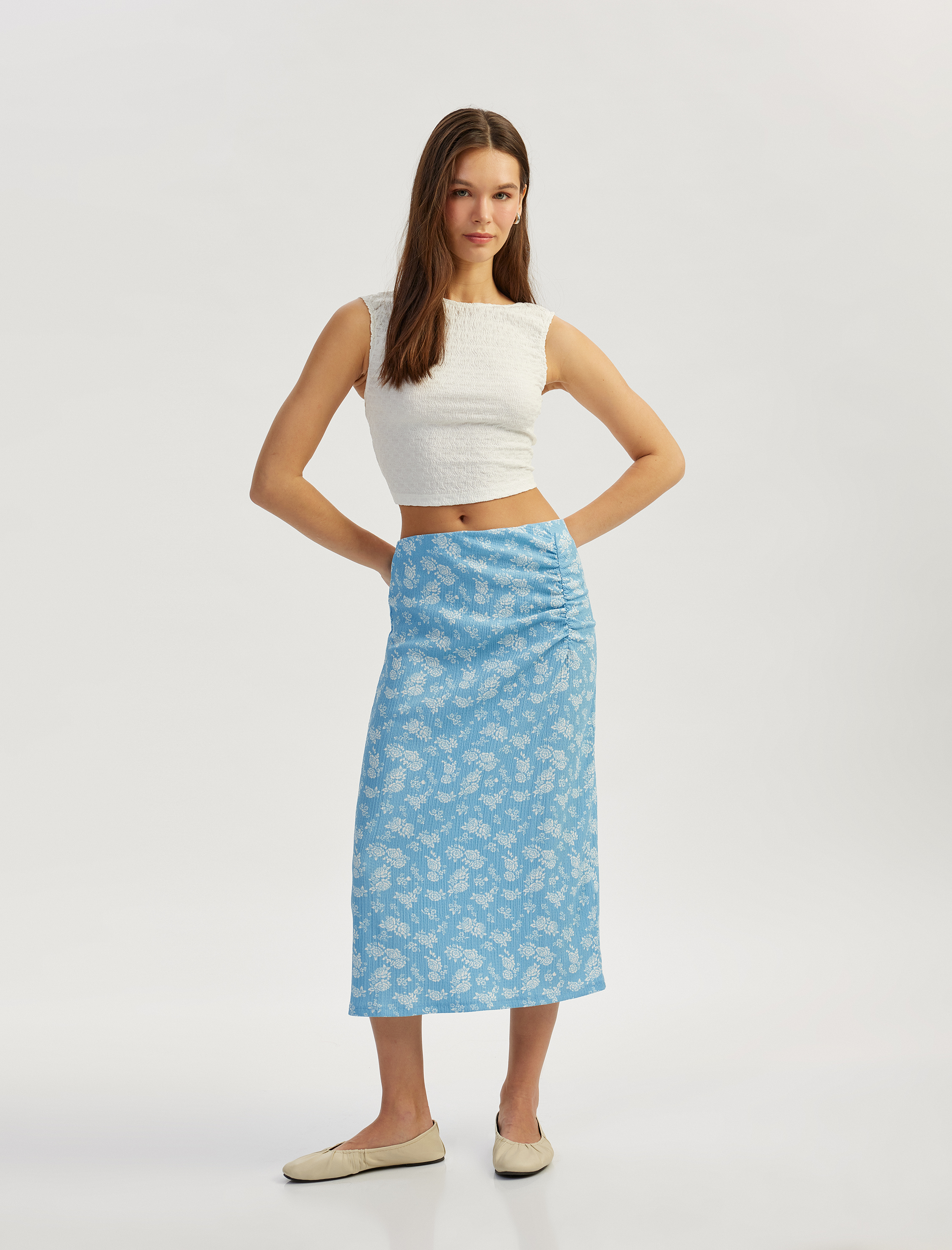   Drapeli Çiçekli Beli Lastikli Midi Kalem Etek Bürümcük