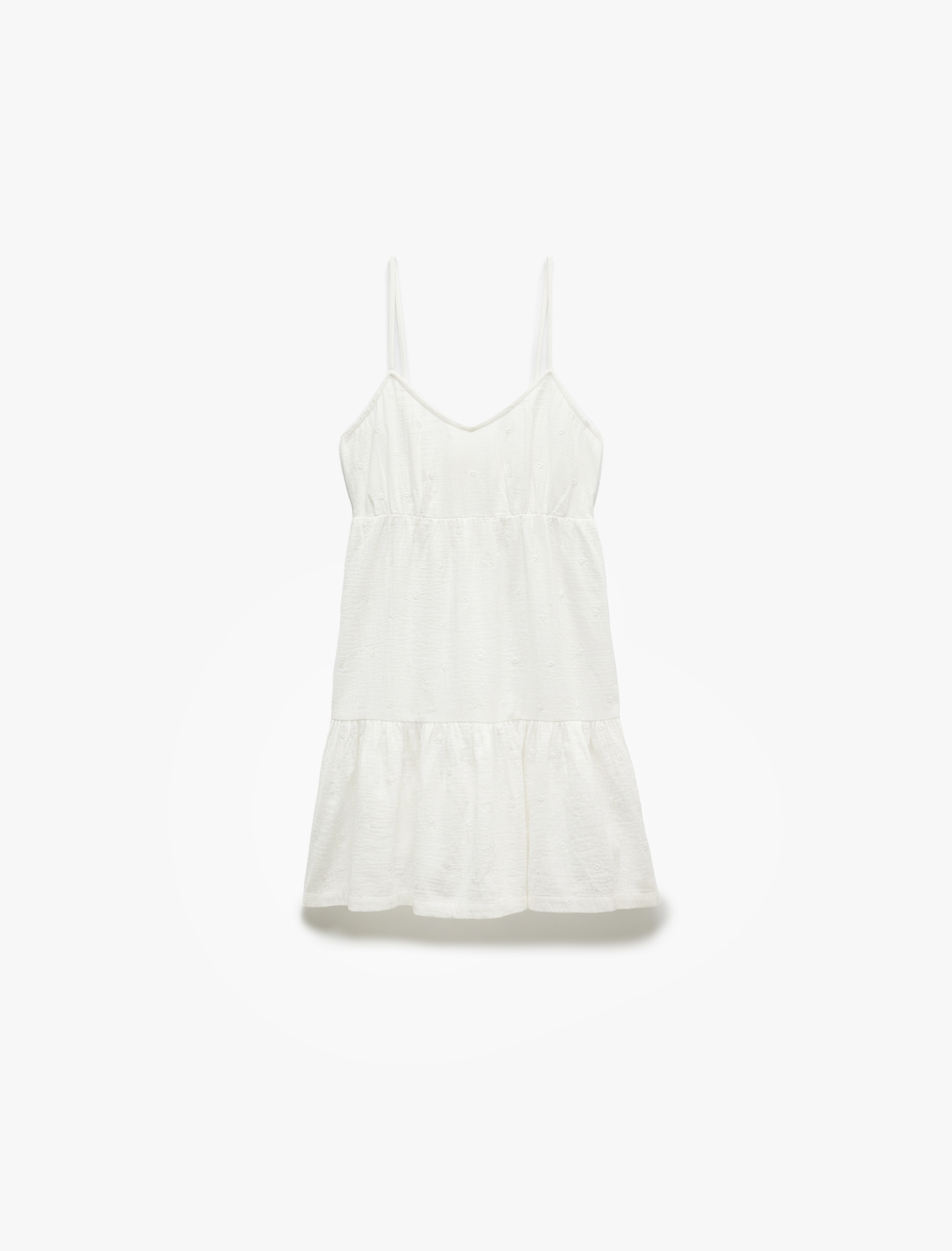   Pamuklu Katmanlı Brodeli Fistolu Askılı Mini Elbise