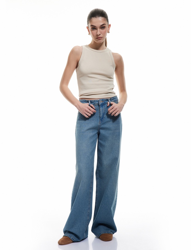 Pamuklu Bol Kesim Cepli Denim Pantolon - Loose Straight Fit Jean_1