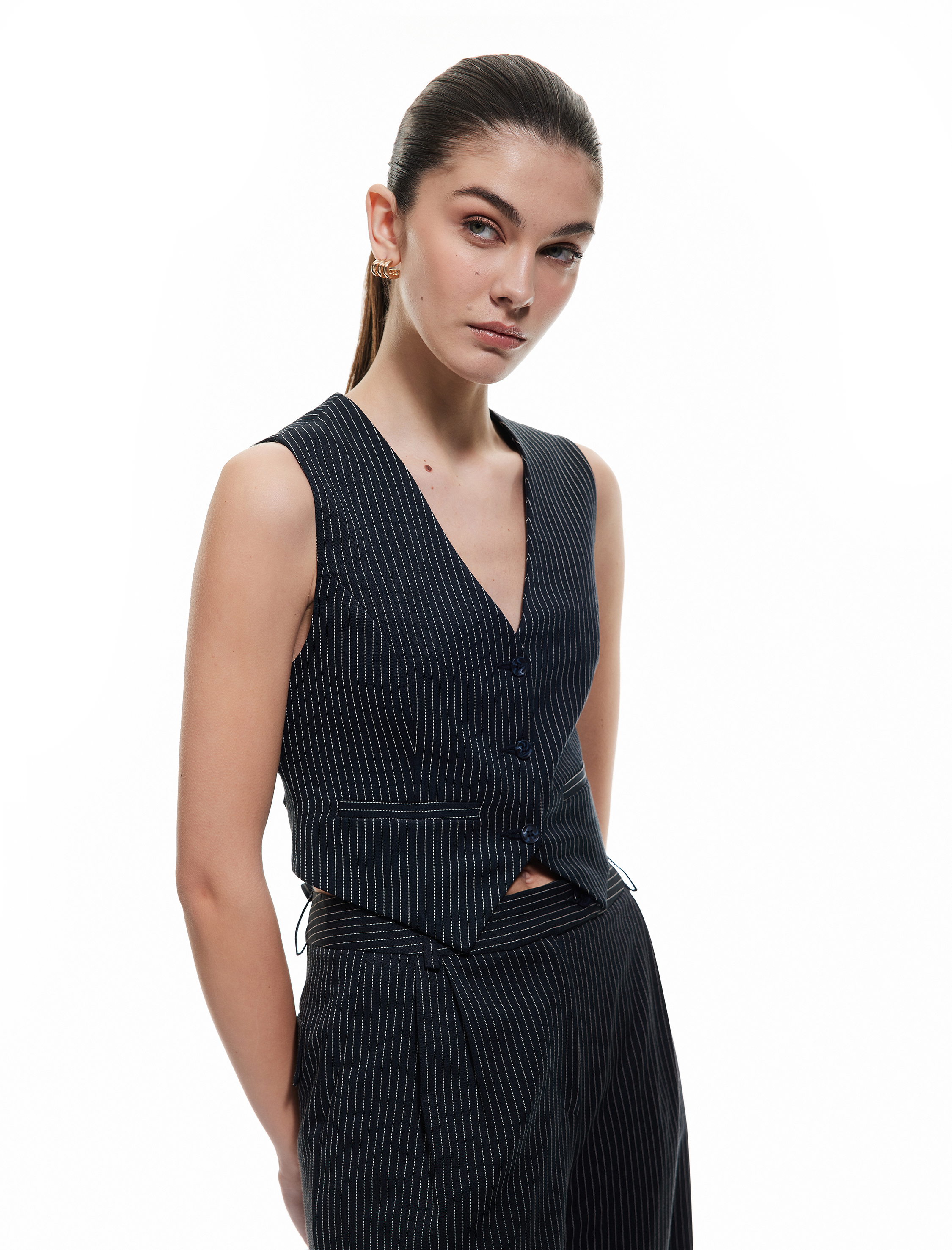 Slim Fit V Yaka Kolsuz Düğmeli Takım Yeleği