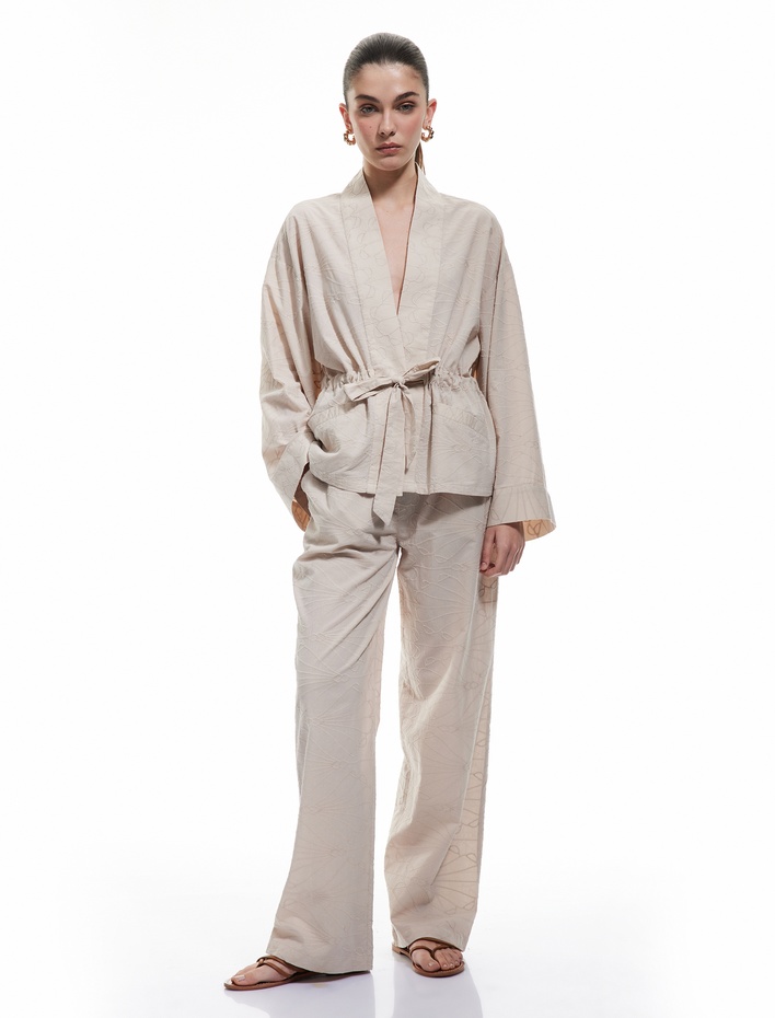  Pamuklu Cepli Beli Bağlamalı Uzun Kollu Fistolu Brodeli Kruvaze Kimono