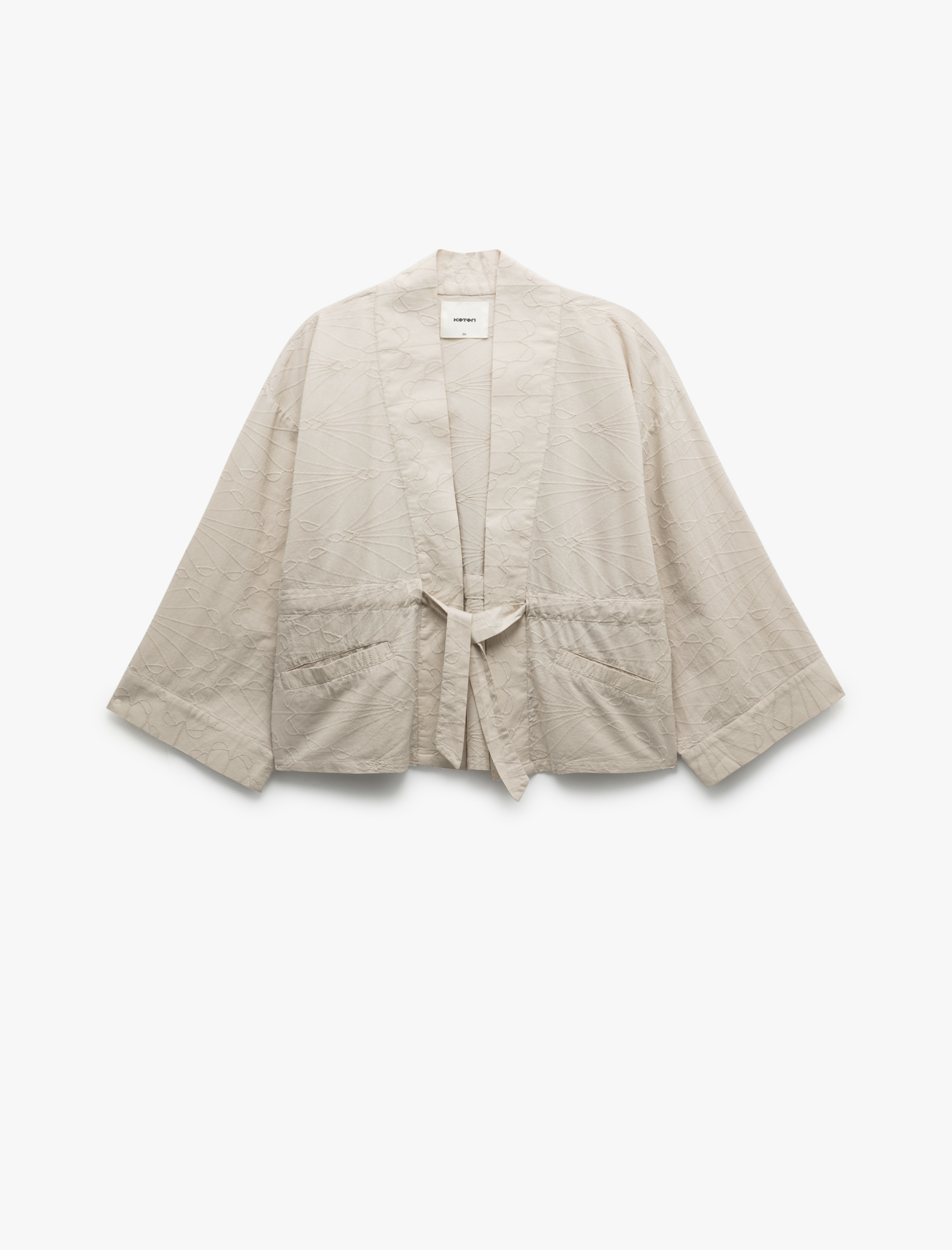   Pamuklu Cepli Beli Bağlamalı Uzun Kollu Fistolu Brodeli Kruvaze Kimono