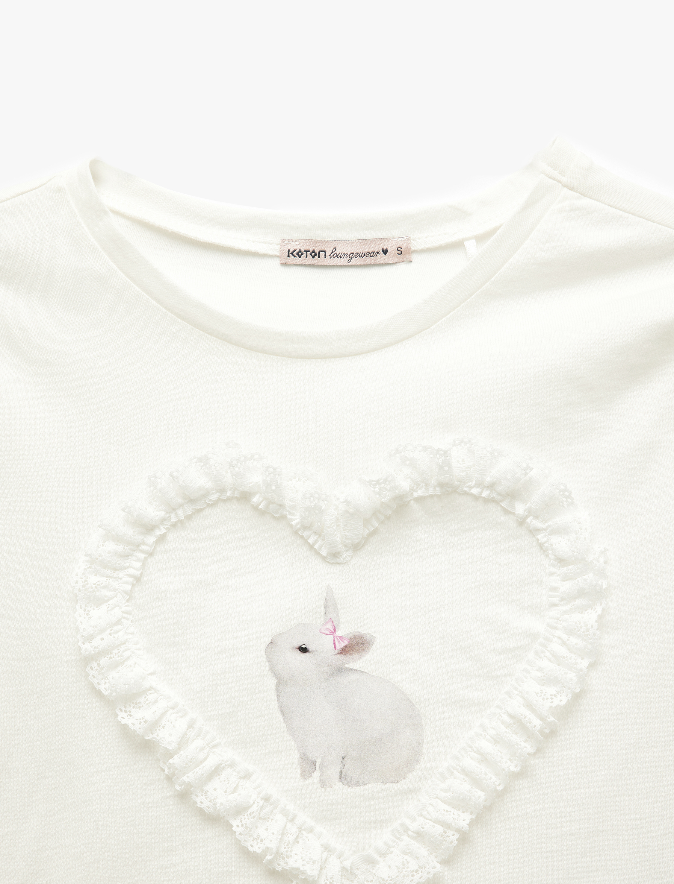   Pamuklu Tavşan Baskılı Kısa Kollu Bisiklet Yaka Pijama Üstü