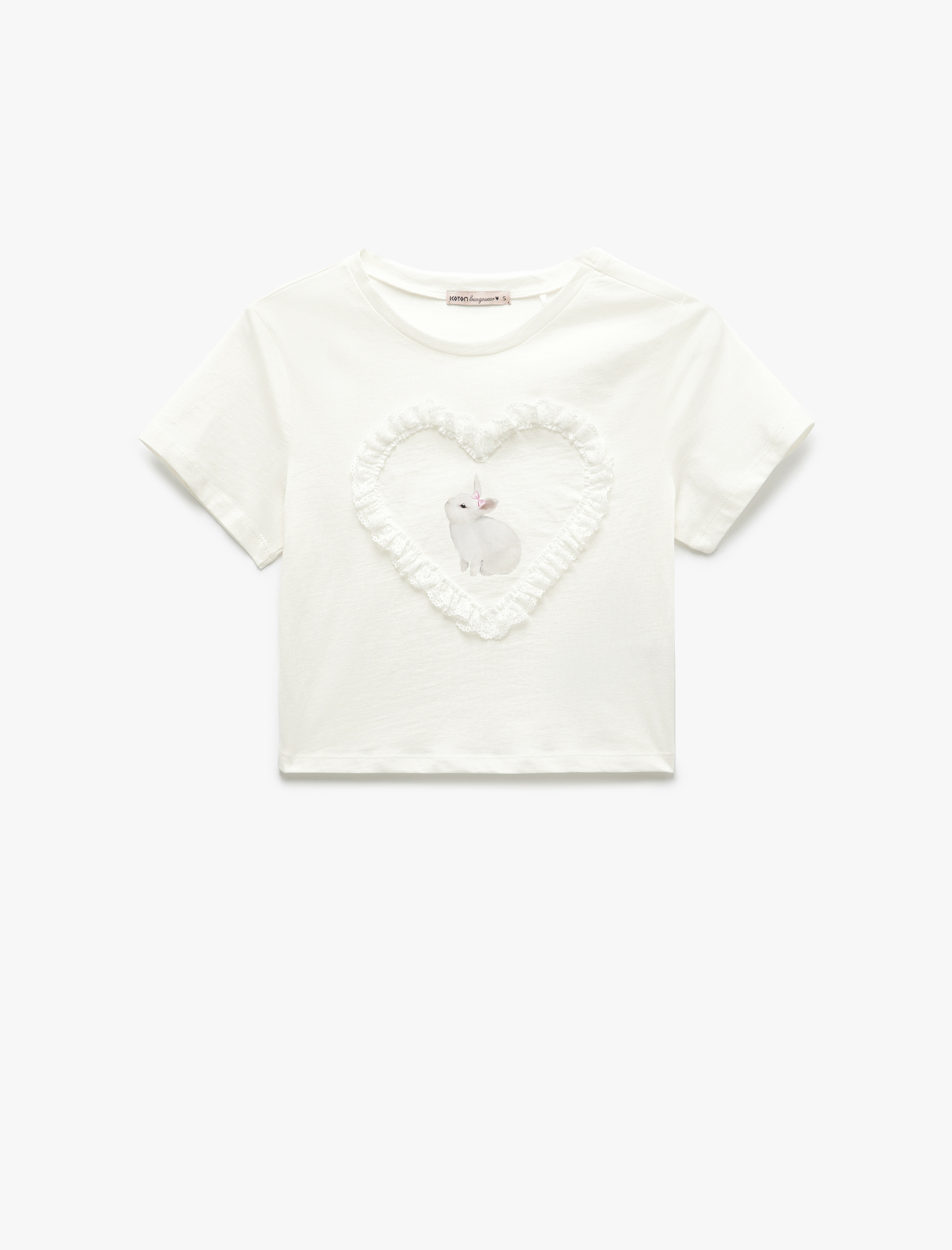   Pamuklu Tavşan Baskılı Kısa Kollu Bisiklet Yaka Pijama Üstü