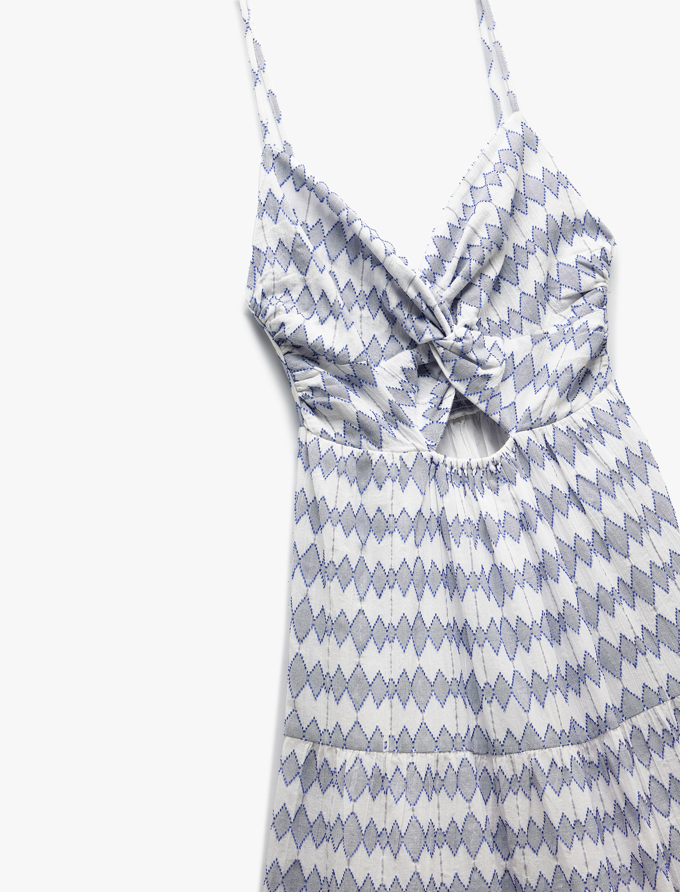 Pencere Detaylı Büzgülü Pamuklu Desenli Uzun İnce Askılı Elbise