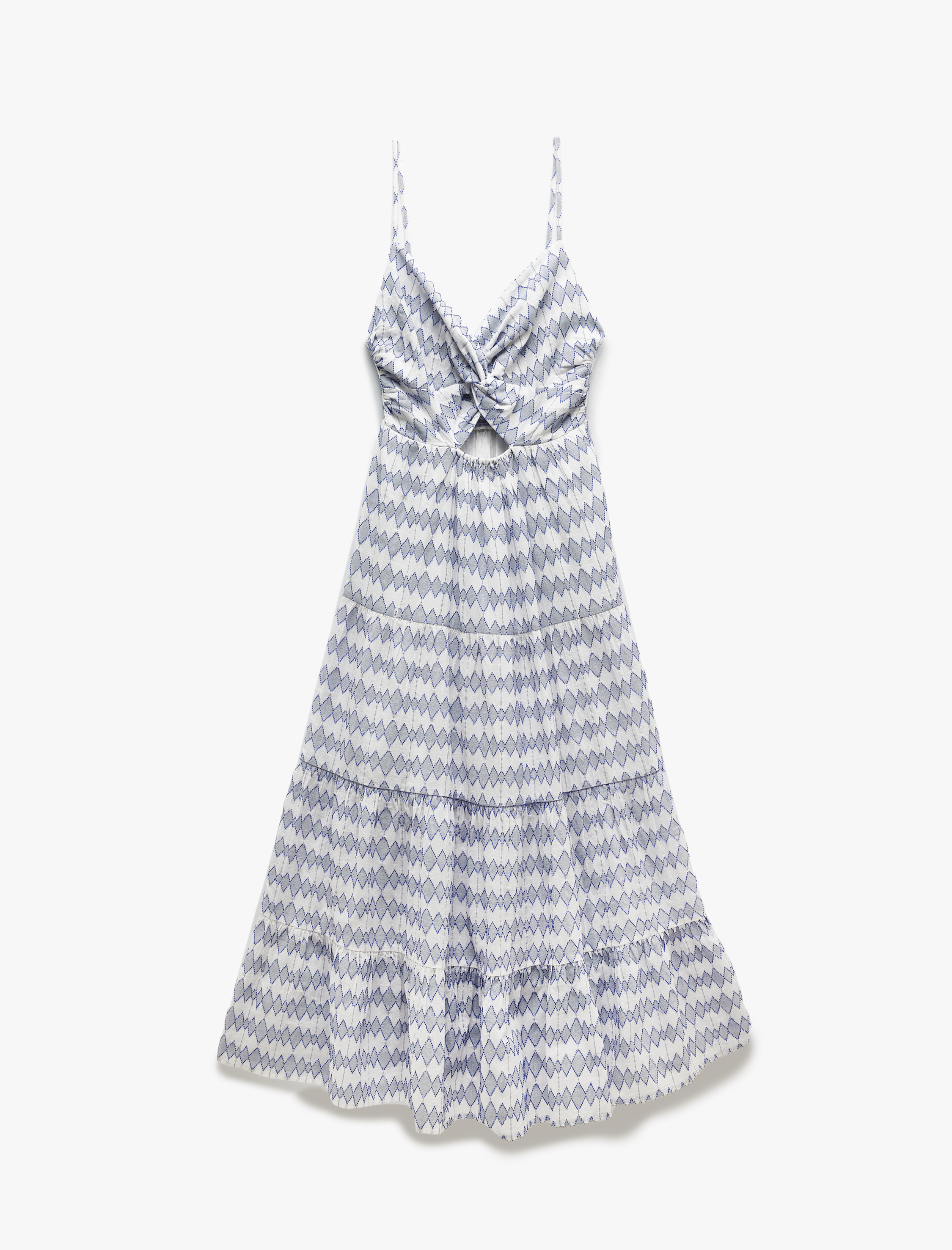 Pencere Detaylı Büzgülü Pamuklu Desenli Uzun İnce Askılı Elbise