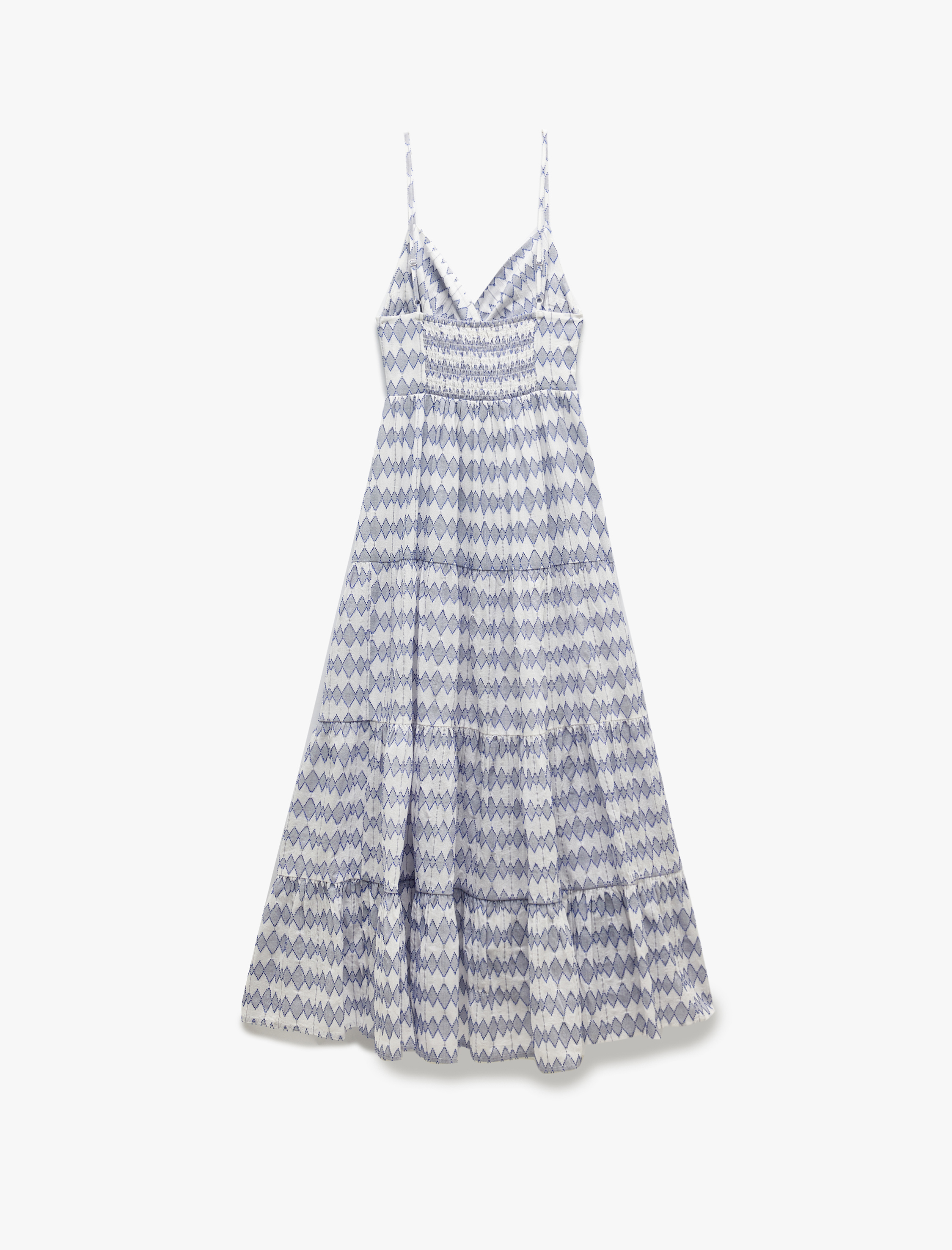 Pencere Detaylı Büzgülü Pamuklu Desenli Uzun İnce Askılı Elbise