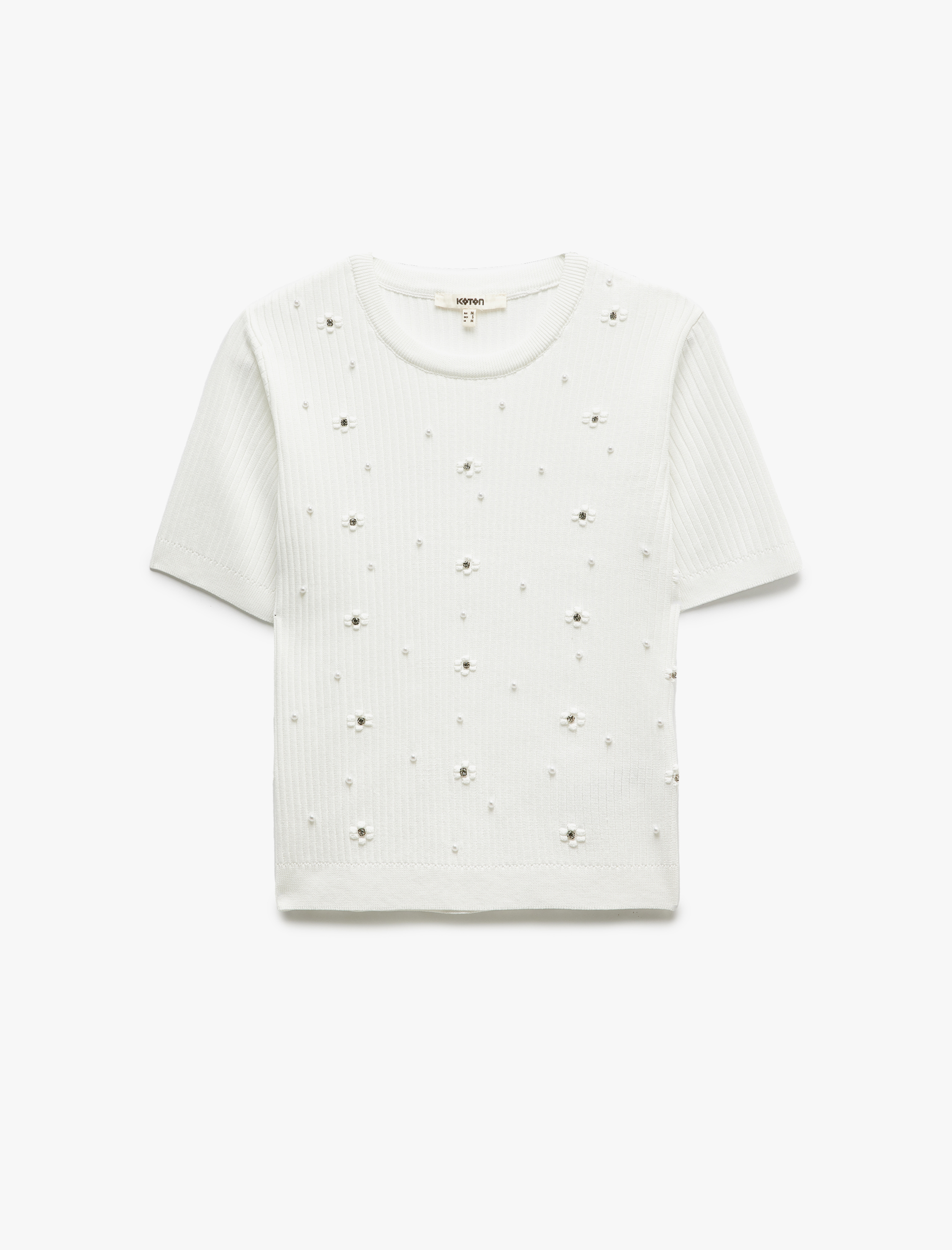   Bisiklet Yaka Kısa Kollu Çiçekli Taşlı Triko Kazak