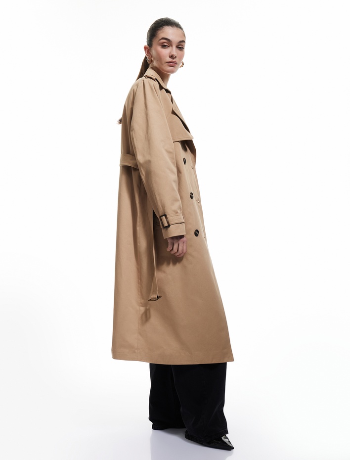  Pamuklu Uzun Kollu Kemerli Kruvaze Gabardin Trençkot