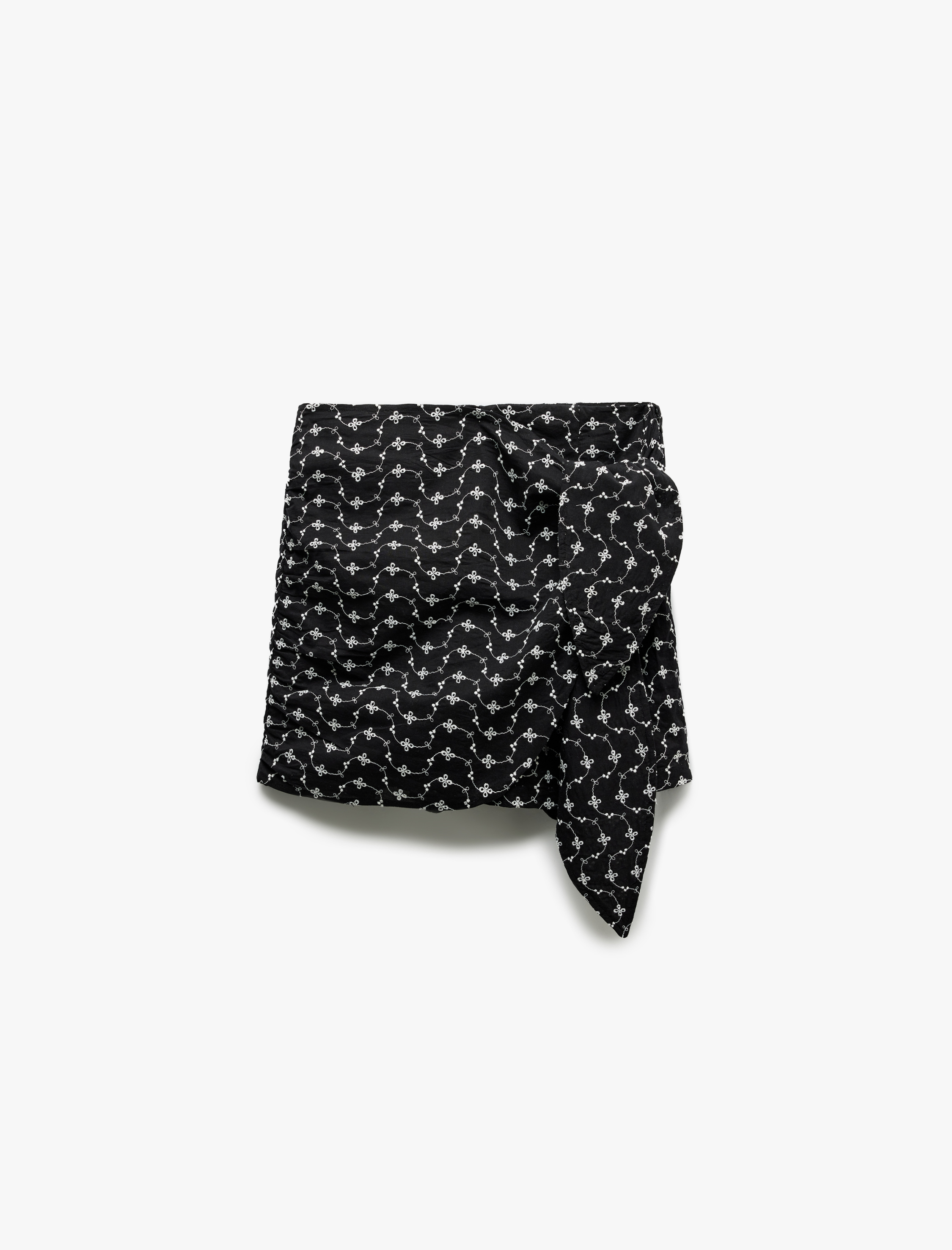   Pamuklu Bağlama Detaylı Fistolu Brodeli Mini Şort Etek