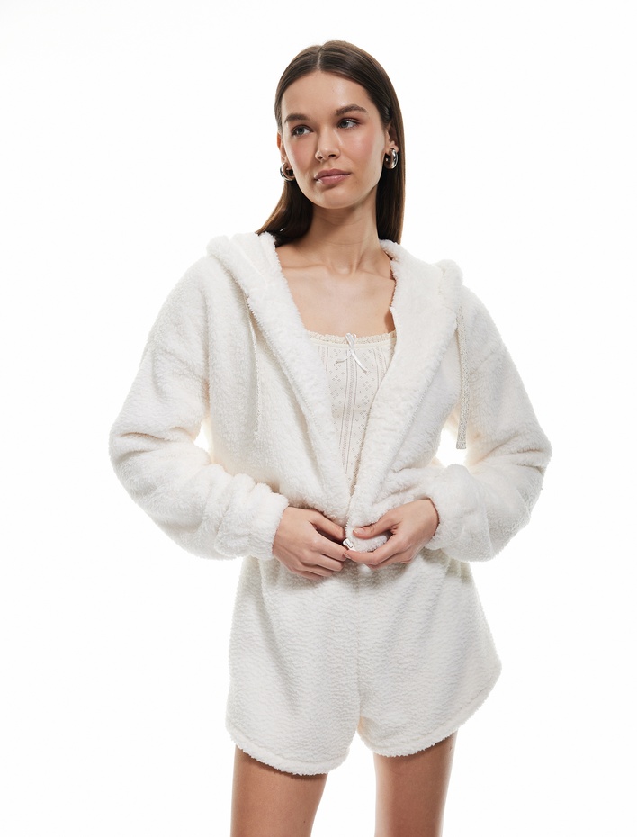  Uzun Kollu Crop Fermuarlı Kapüşonlu Peluş Polar Pijama Üstü