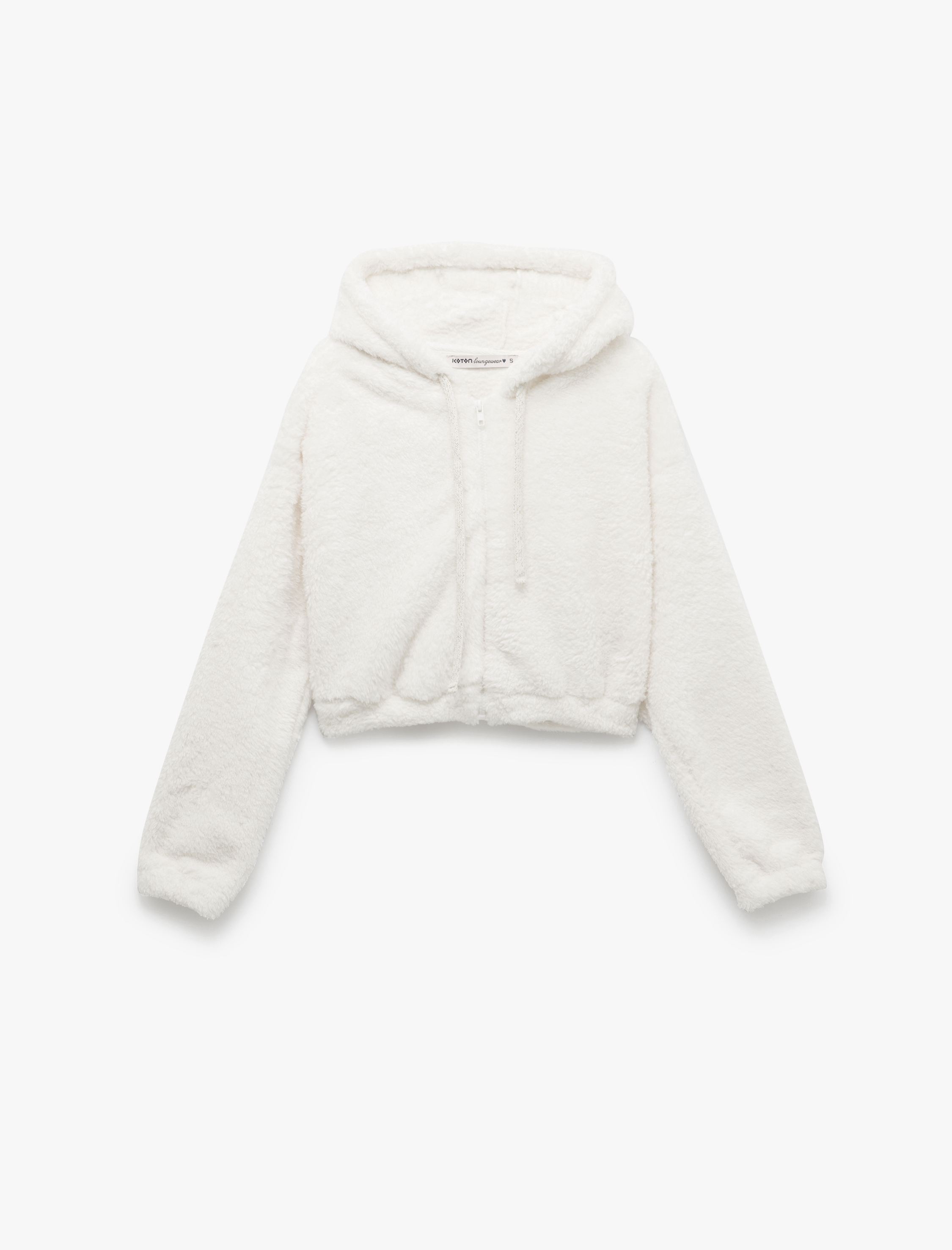   Uzun Kollu Crop Fermuarlı Kapüşonlu Peluş Polar Pijama Üstü