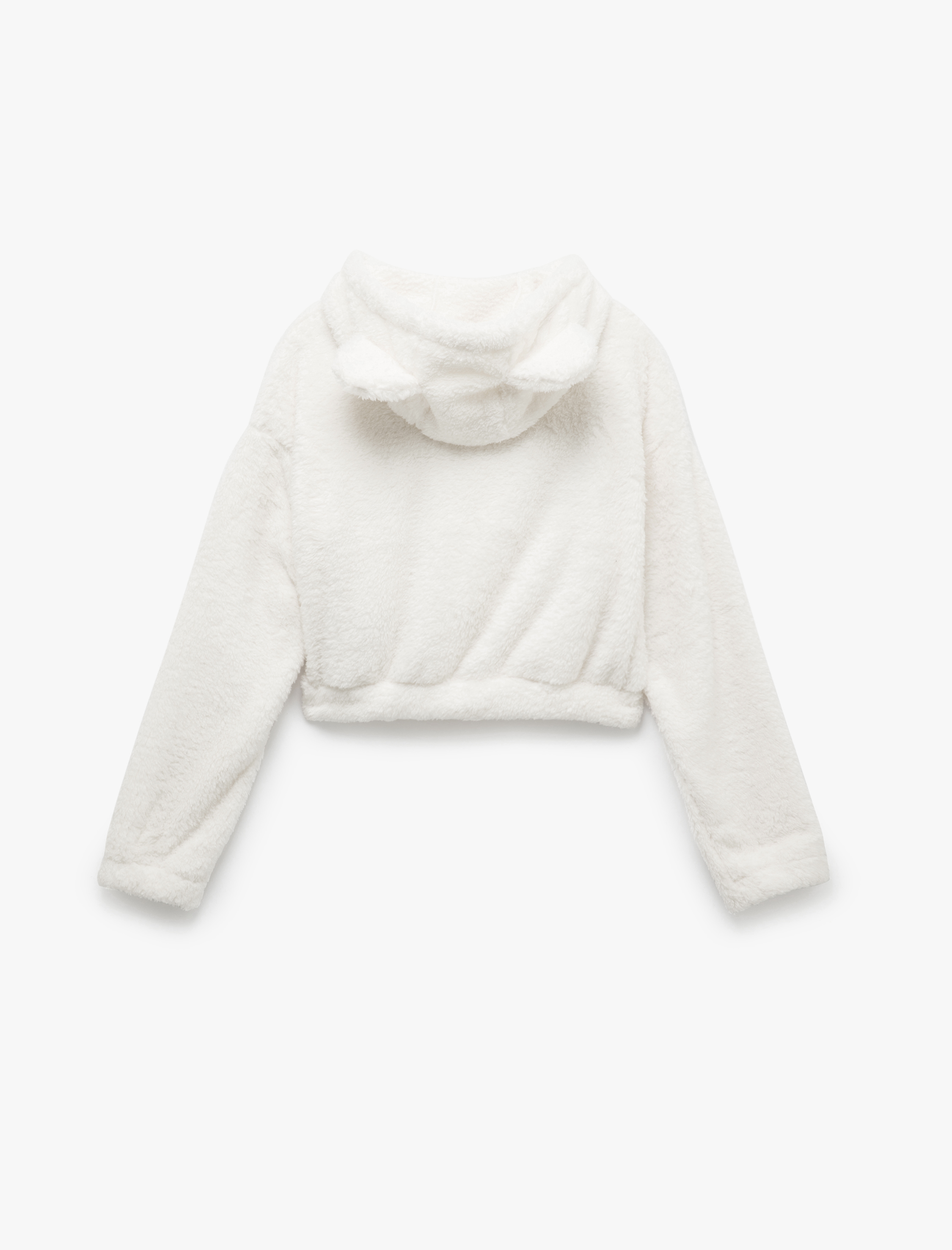   Uzun Kollu Crop Fermuarlı Kapüşonlu Peluş Polar Pijama Üstü