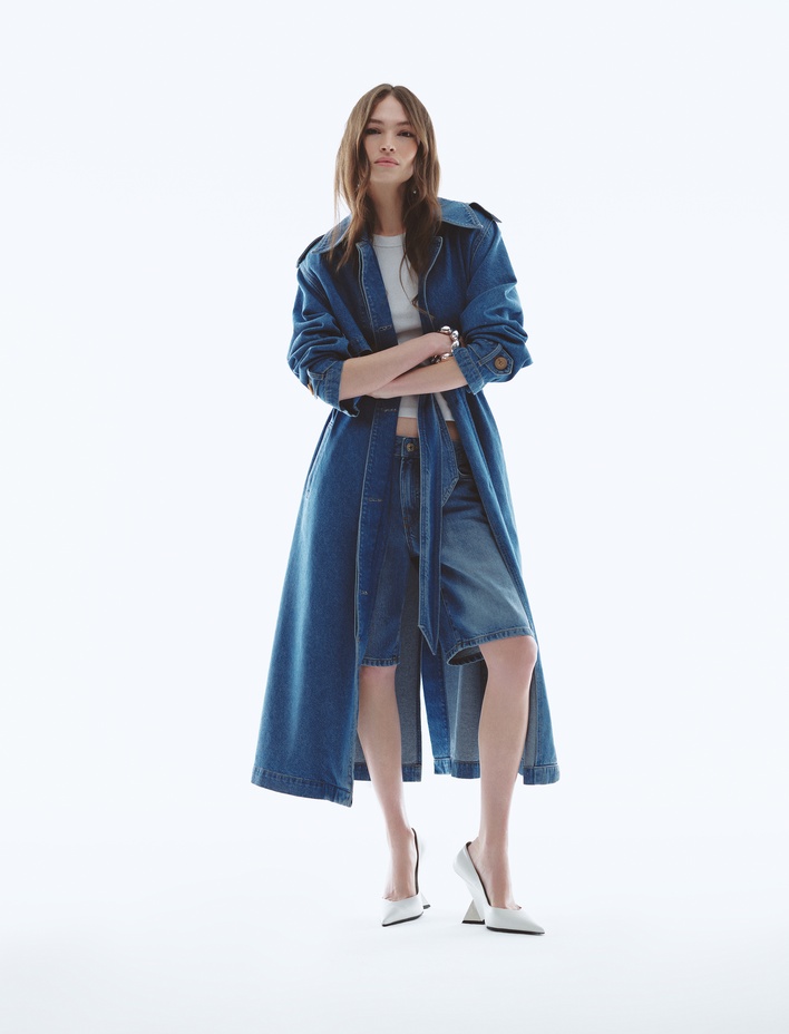  Uzun Kollu Cepli Klasik Yaka Kemer Detaylı Denim Trençkot