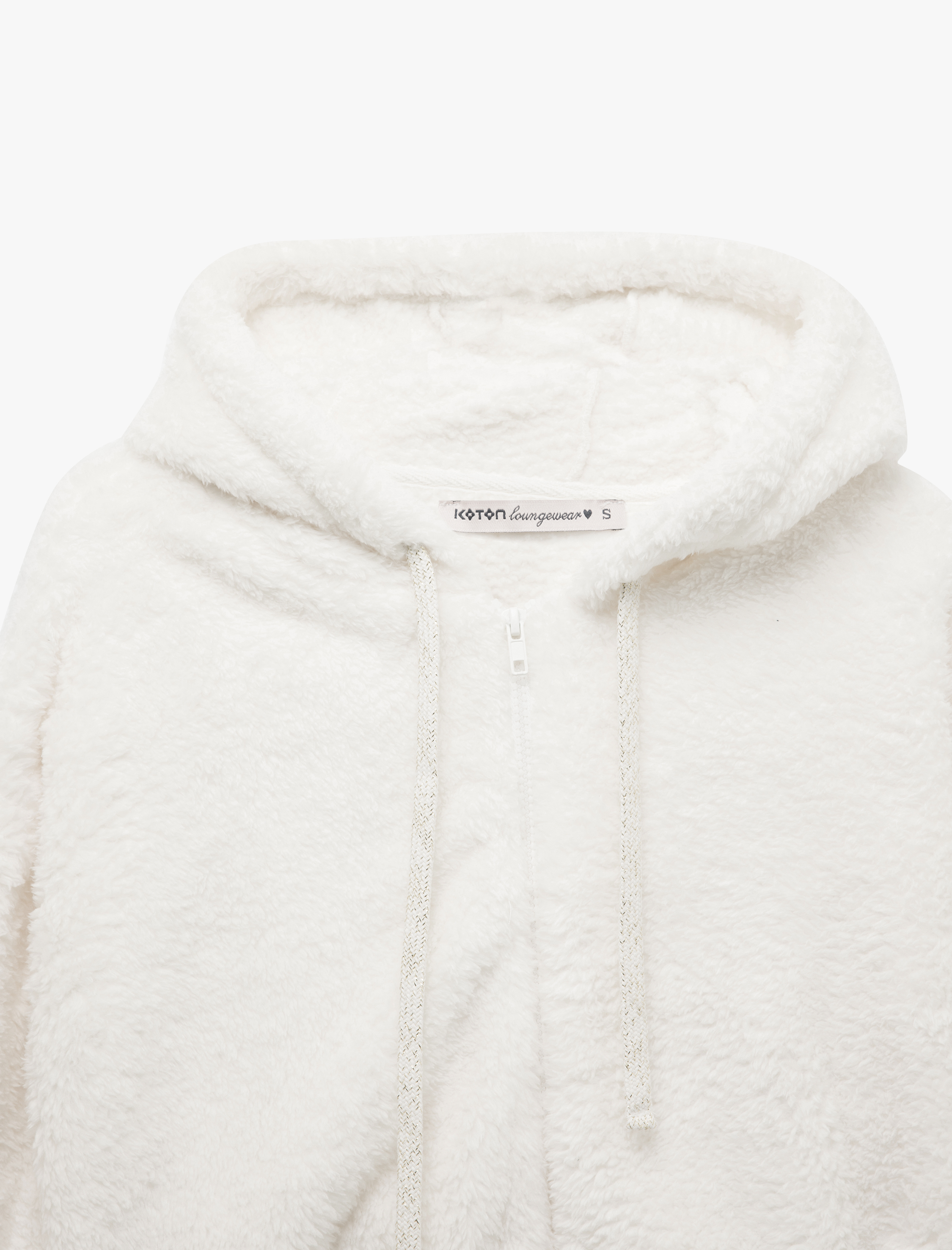   Uzun Kollu Crop Fermuarlı Kapüşonlu Peluş Polar Pijama Üstü