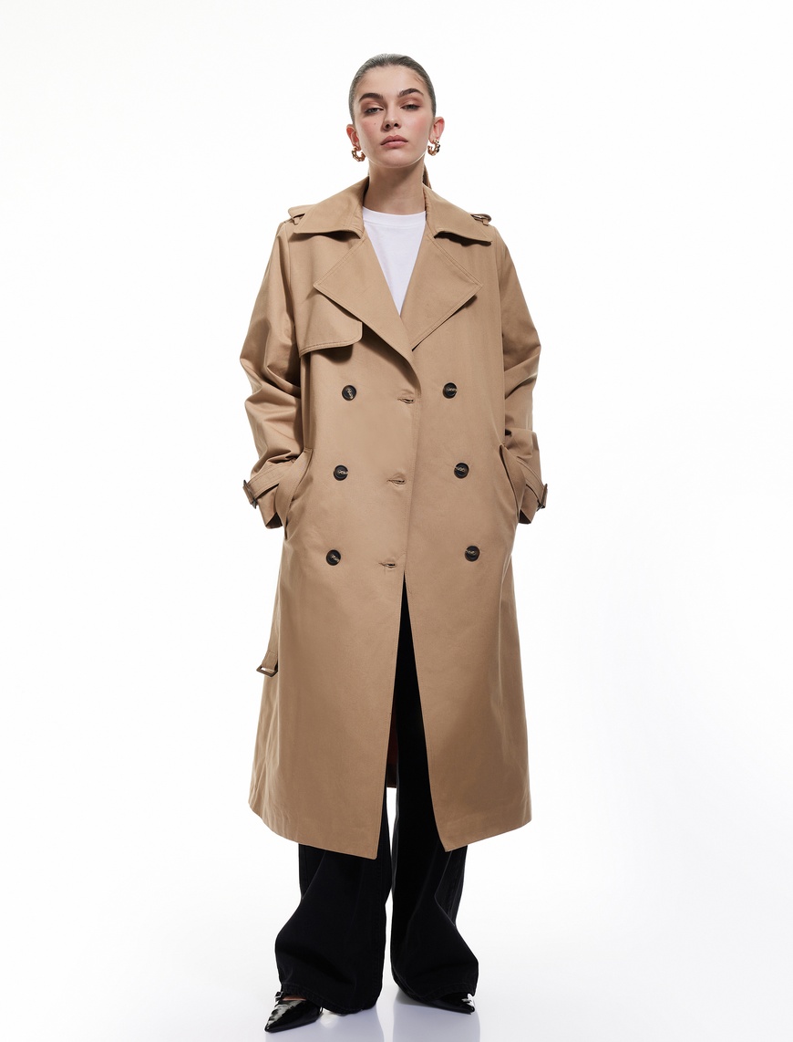 Koton Kadın Pamuklu Uzun Kollu Kemerli Kruvaze Gabardin Trençkot