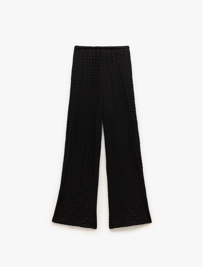  Beli Bağlamalı Dokulu Bol Düz Paça Pantolon