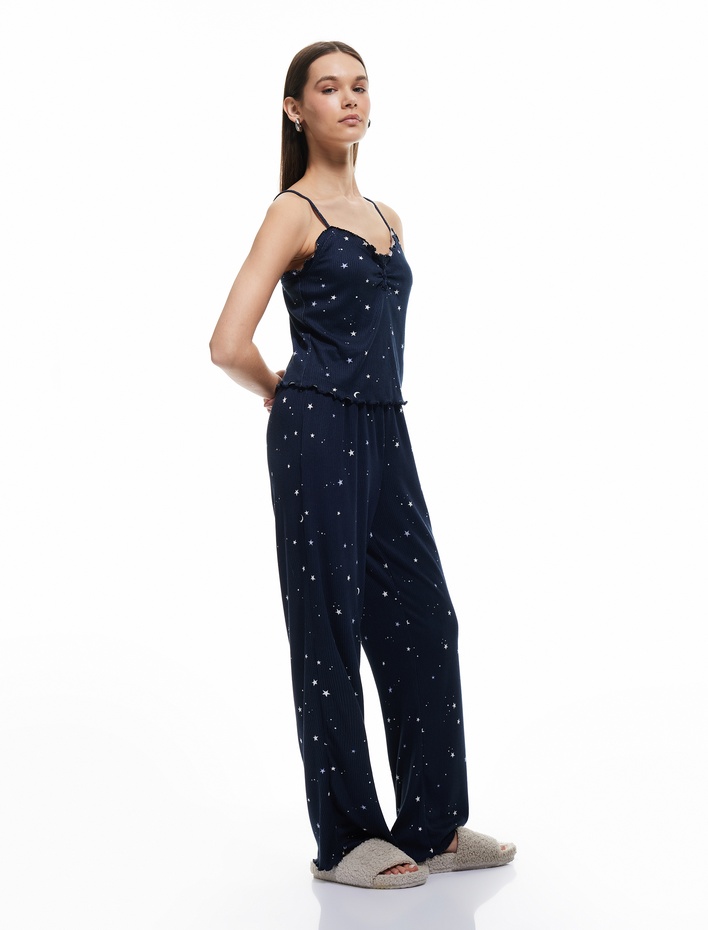  Normal Bel Rahat Kalıp Yıldız Desenli Fitilli Kadife Pijama Altı
