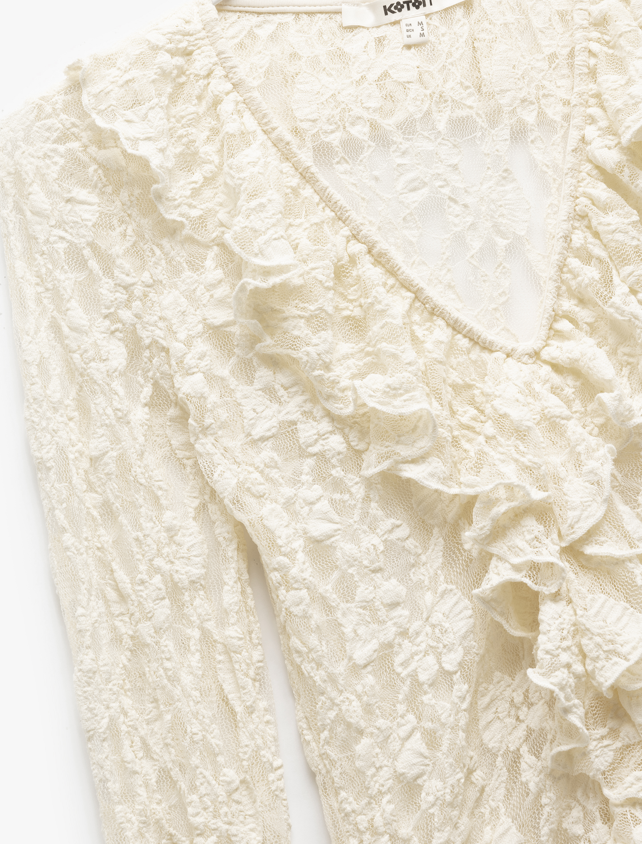   Yarı Transparan Uzun Kollu V Yaka Fırfırlı Dantel Bluz