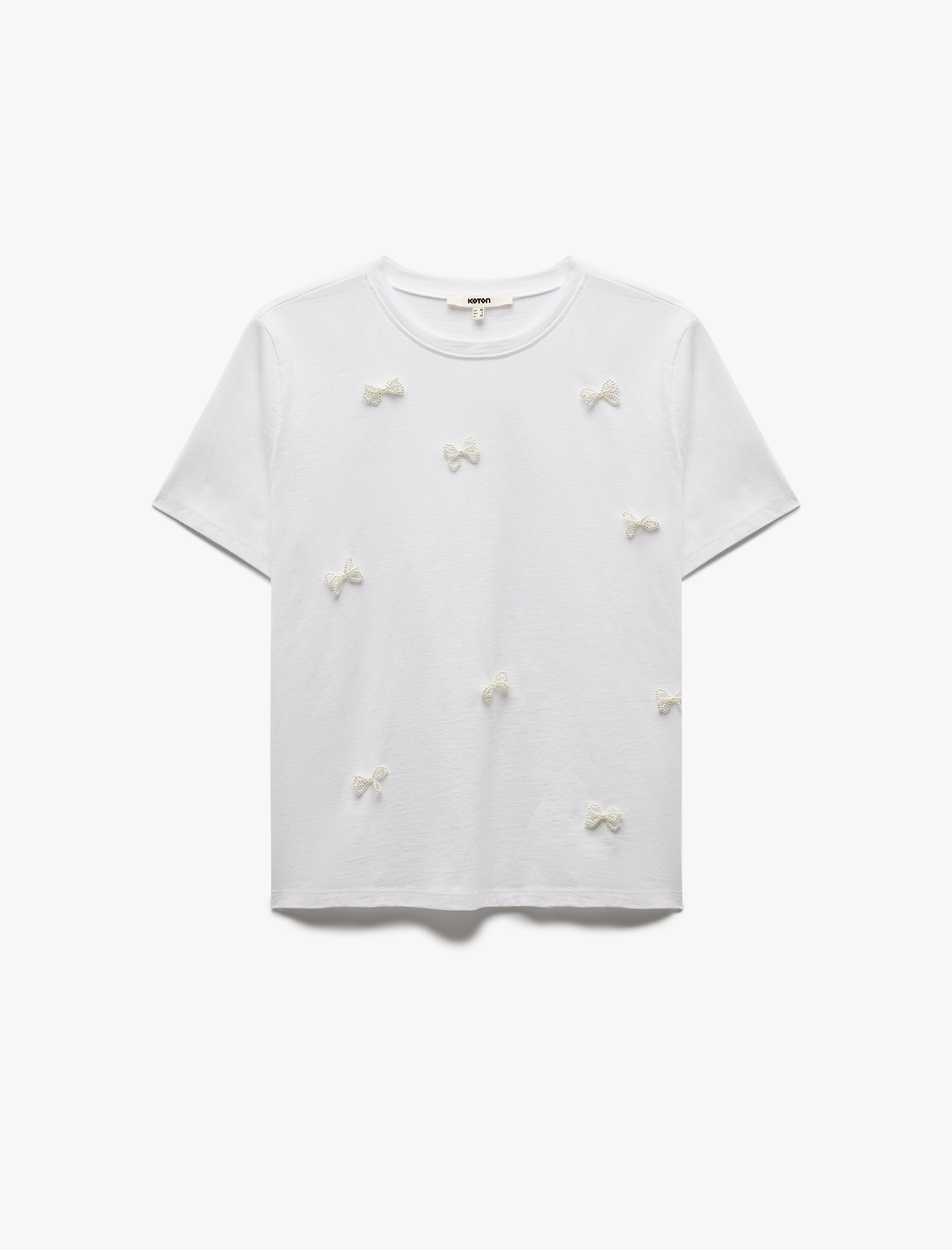   Pamuklu Boncuklu Fiyonk Detaylı Kısa Kollu Bisiklet Yaka Tişört