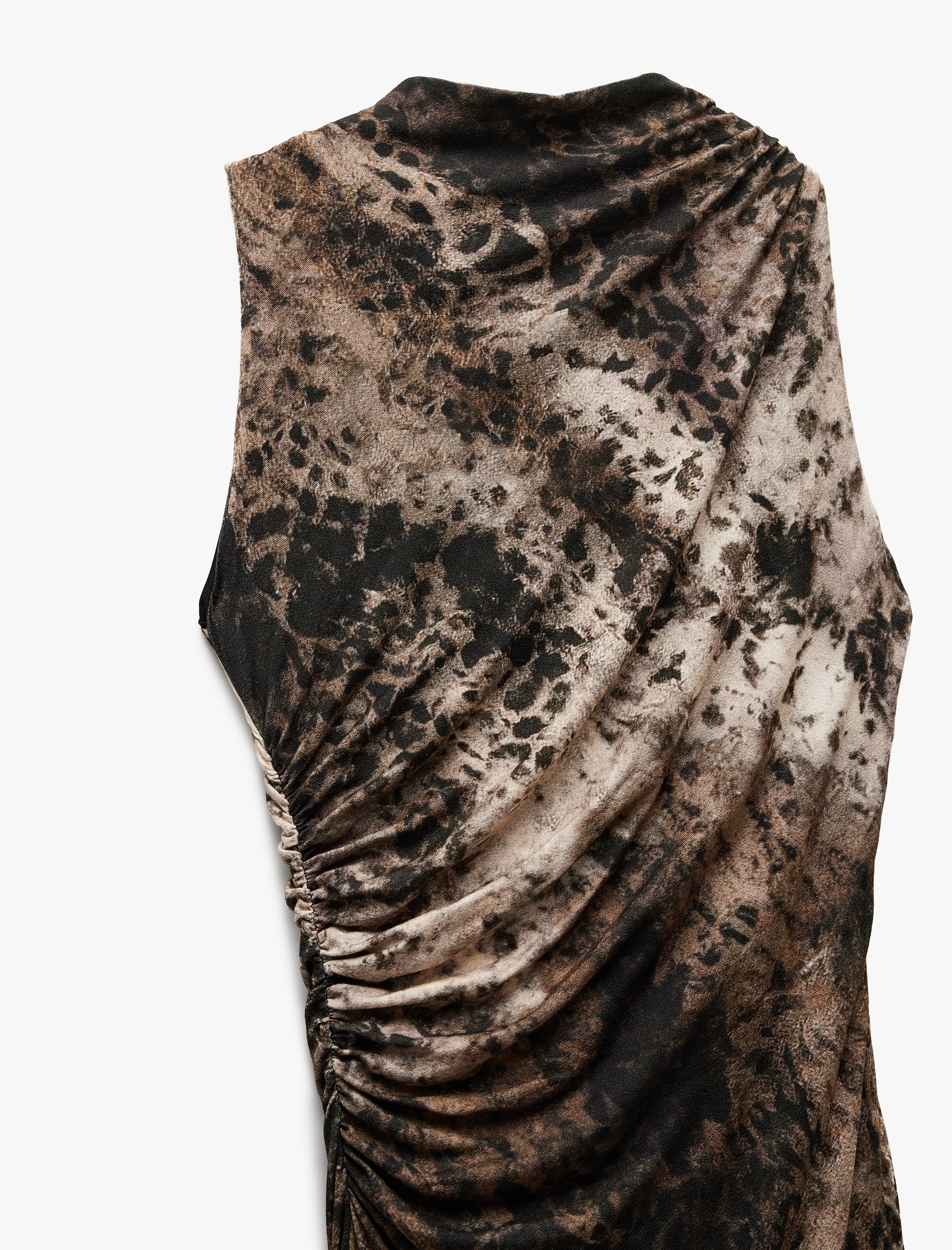   Drape Detaylı Yırtmaçlı Kolsuz Uzun Viskon Leopar Elbise