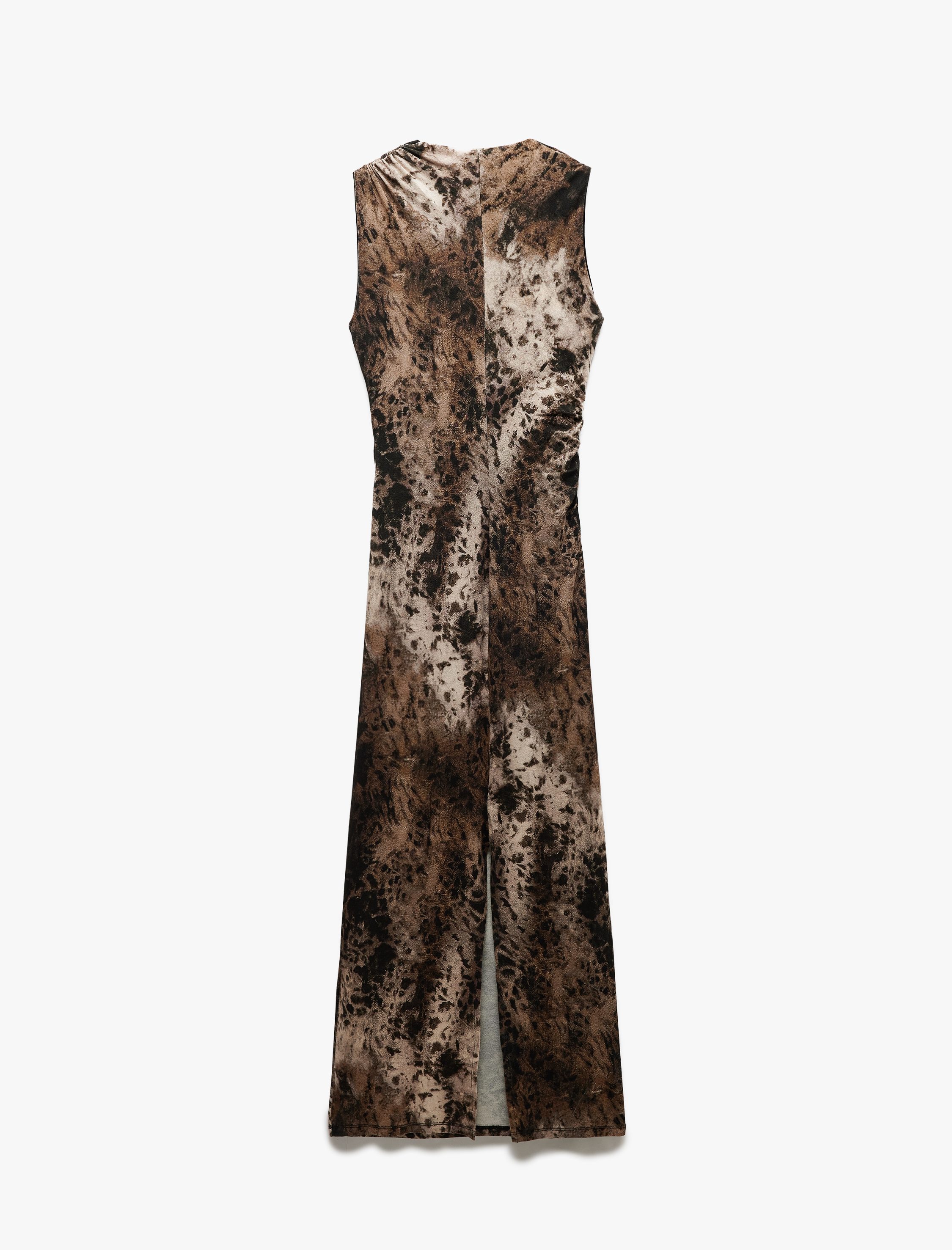   Drape Detaylı Yırtmaçlı Kolsuz Uzun Viskon Leopar Elbise