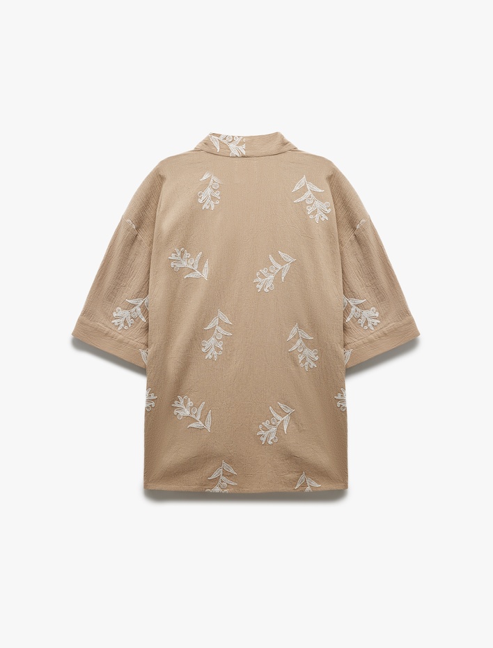  Pamuklu Geniş Kollu Nakışlı Çiçekli Uzun Kimono