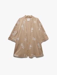 Pamuklu Geniş Kollu Nakışlı Çiçekli Uzun Kimono