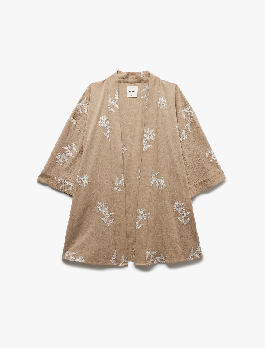   Pamuklu Geniş Kollu Nakışlı Çiçekli Uzun Kimono