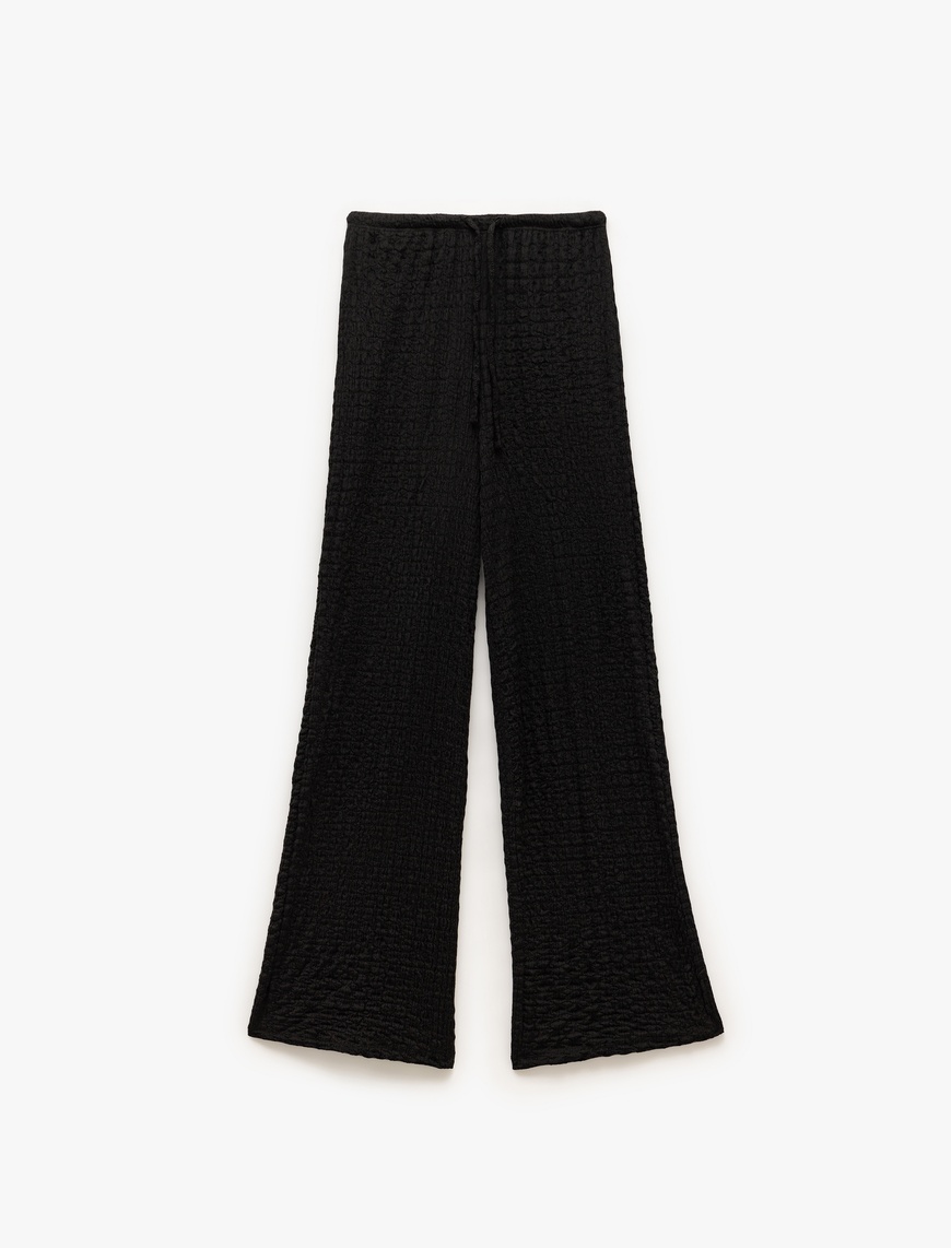   Beli Bağlamalı Dokulu Bol Düz Paça Pantolon