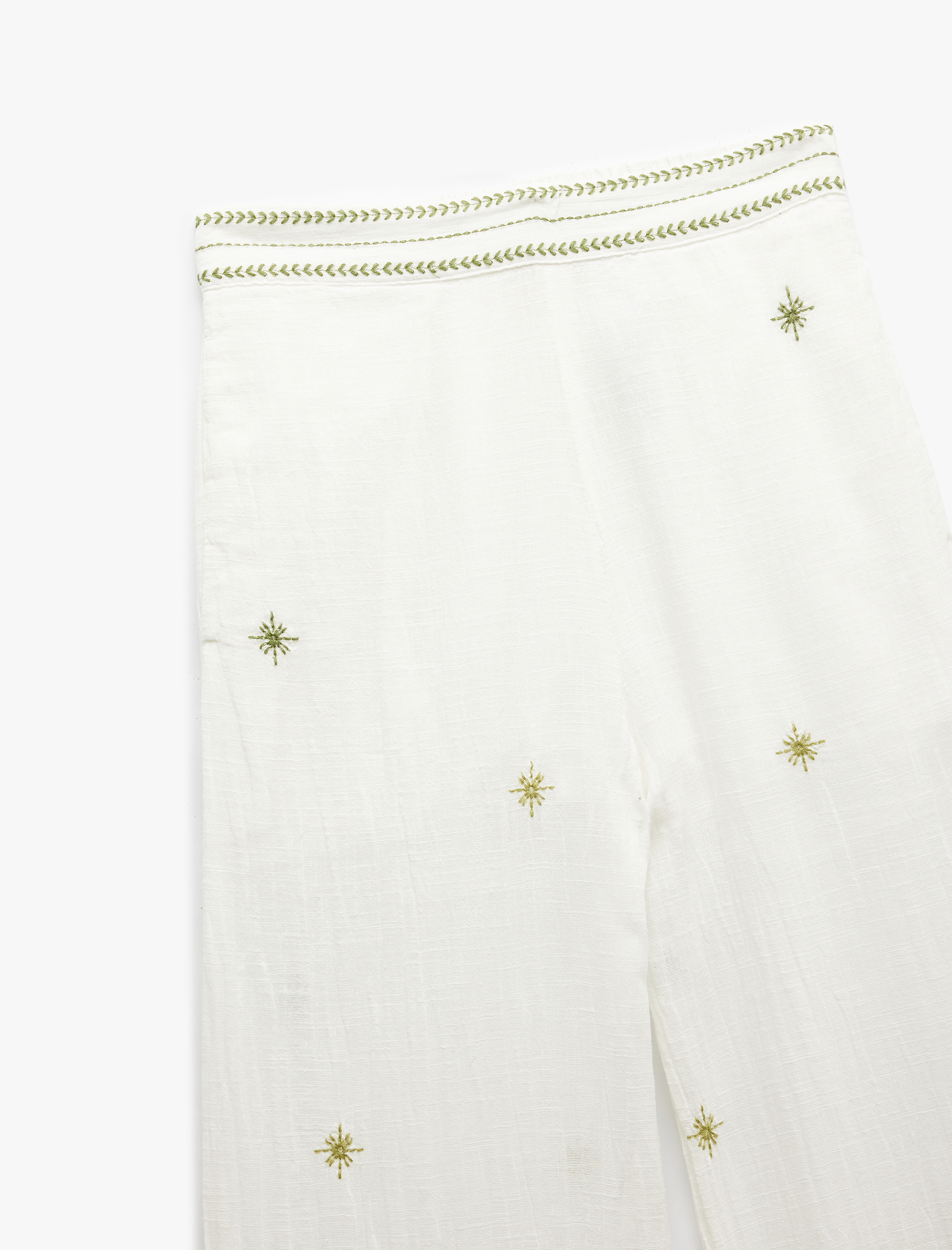   Pamuklu Yüksek Bel Fistolu Brodeli Düz Bol Paça Pantolon