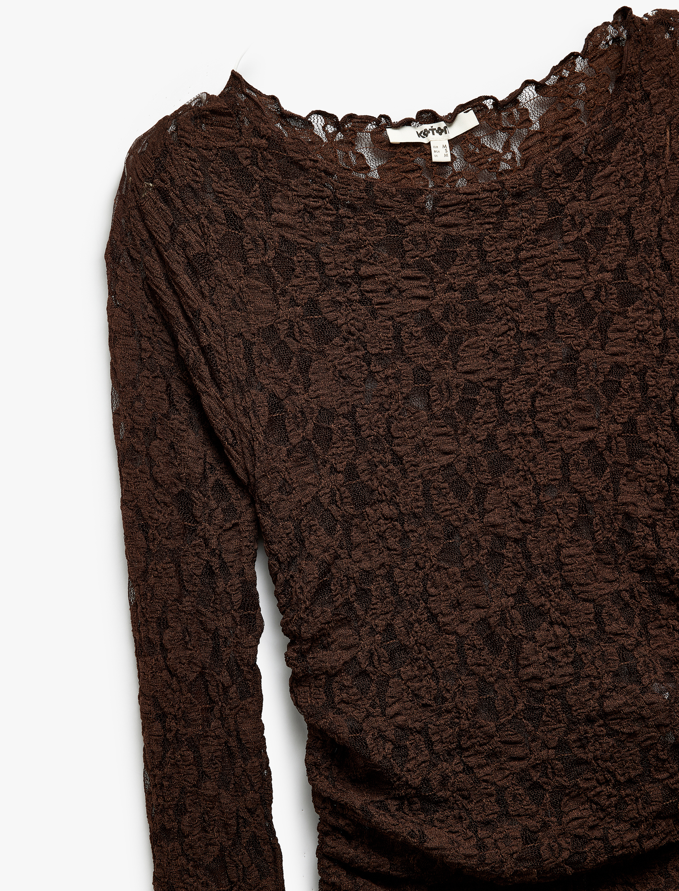   Yarı Transparan Drape Detaylı Kayık Yaka Uzun Kollu Dantel Bluz