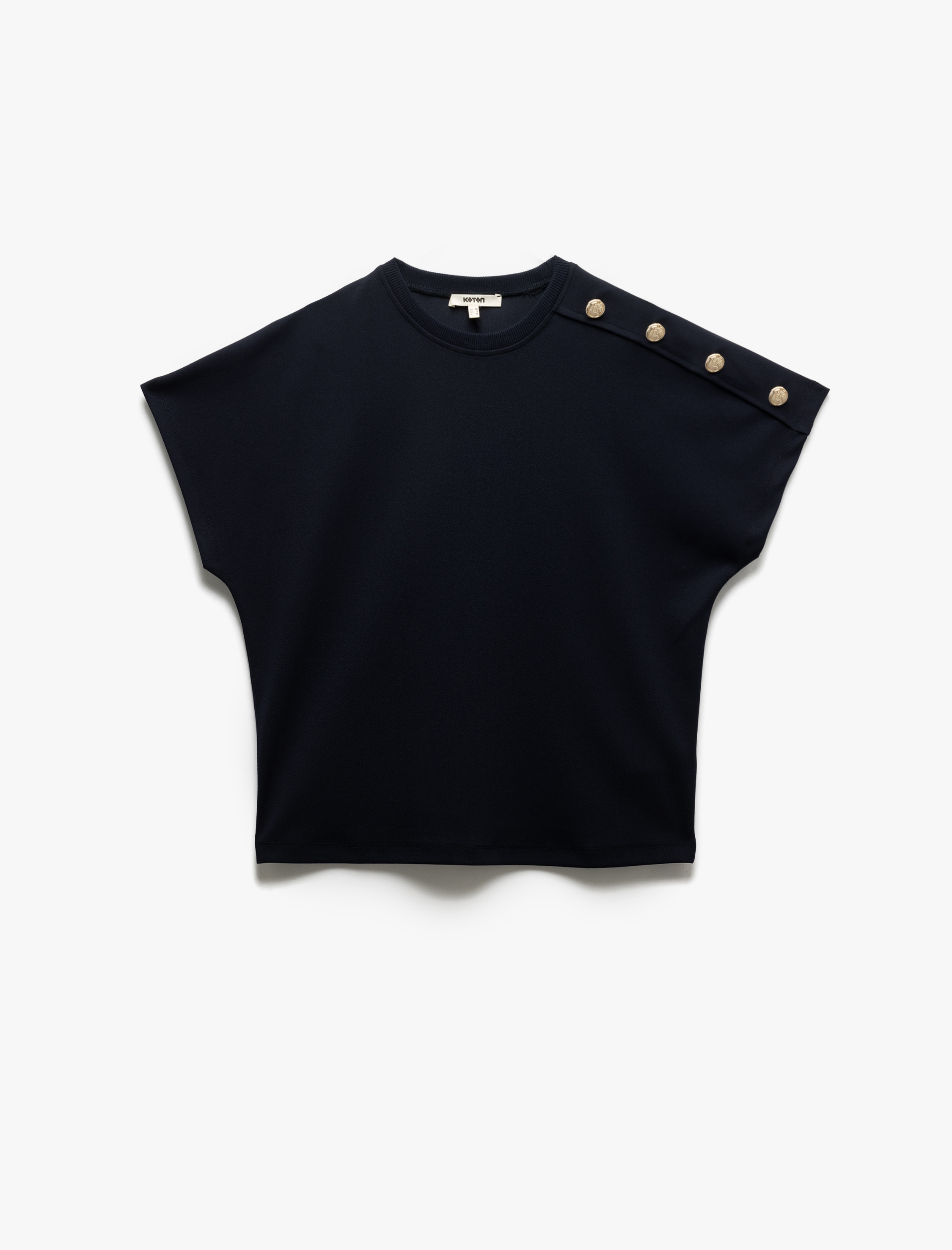   Bisiklet Yaka Düğme Detaylı Yarasa Kol Tişört