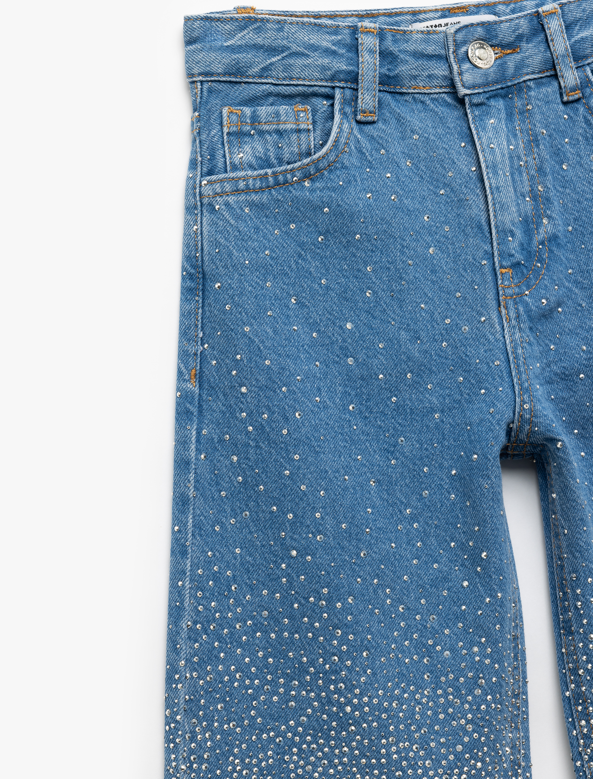  Kız Çocuk Pamuklu Cepli Taş Detaylı Geniş Paça Denim Pantolon