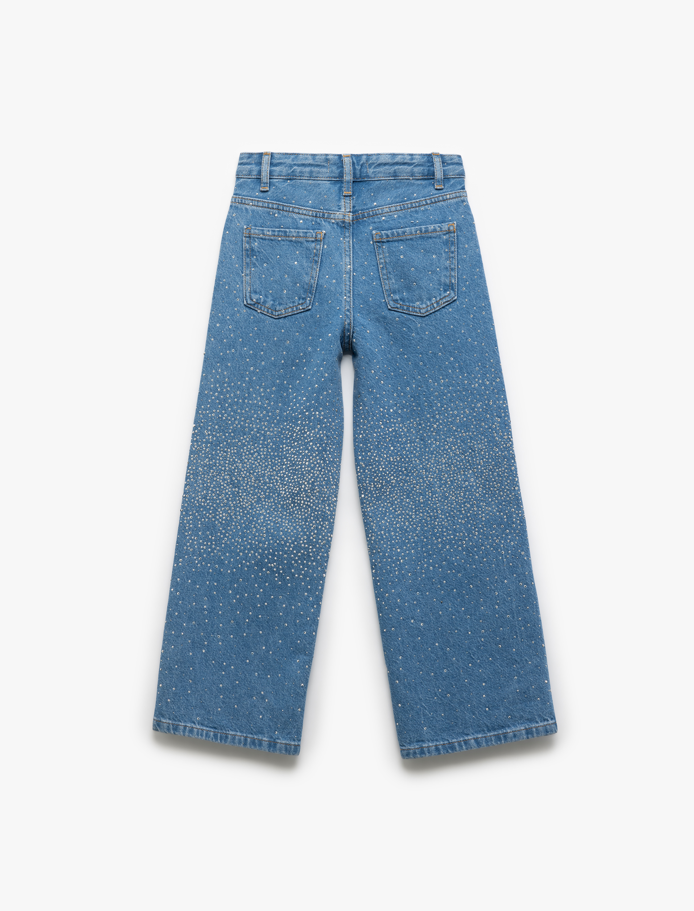  Kız Çocuk Pamuklu Cepli Taş Detaylı Geniş Paça Denim Pantolon