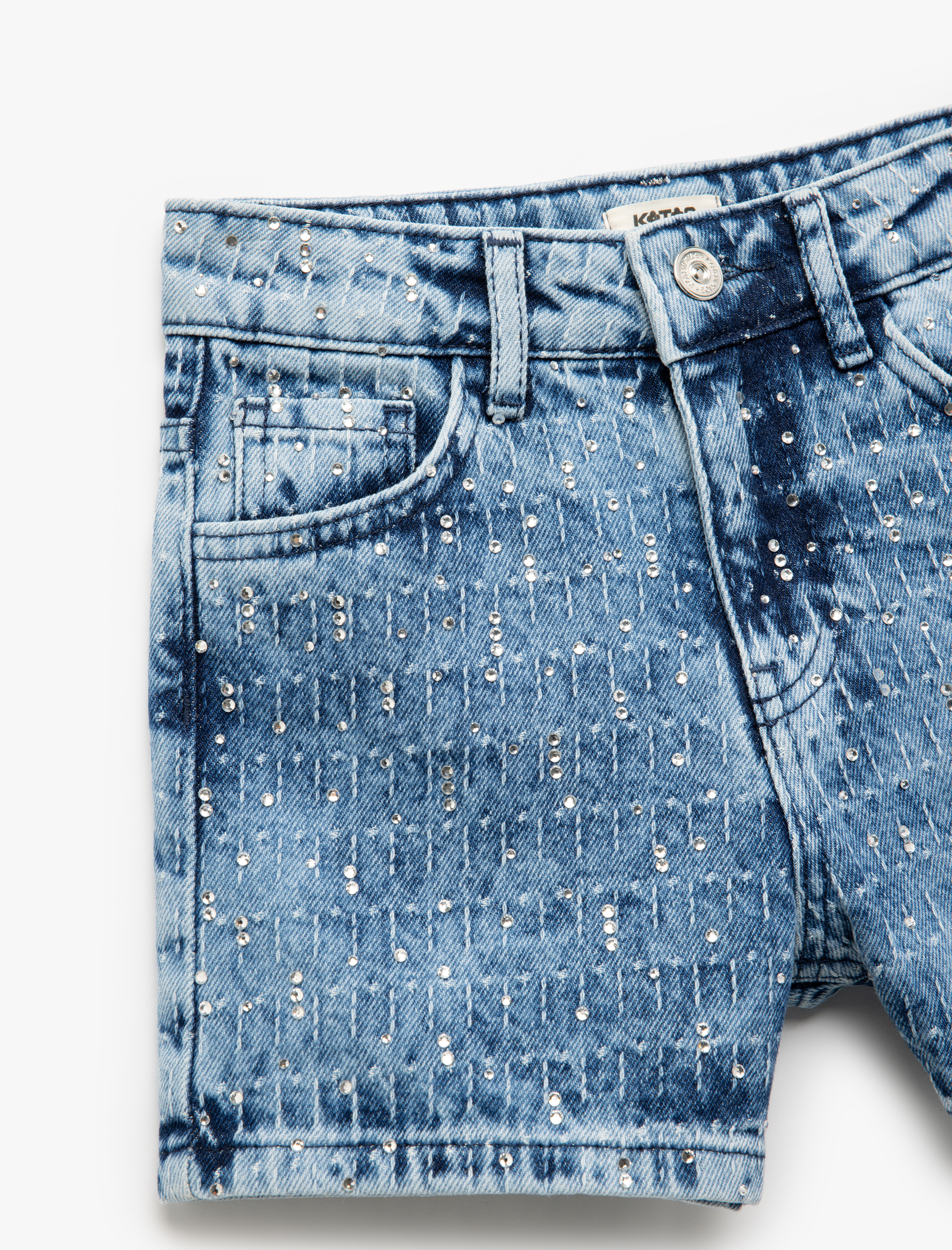  Kız Çocuk Pamuklu Cepli Taş Detaylı Denim Şort