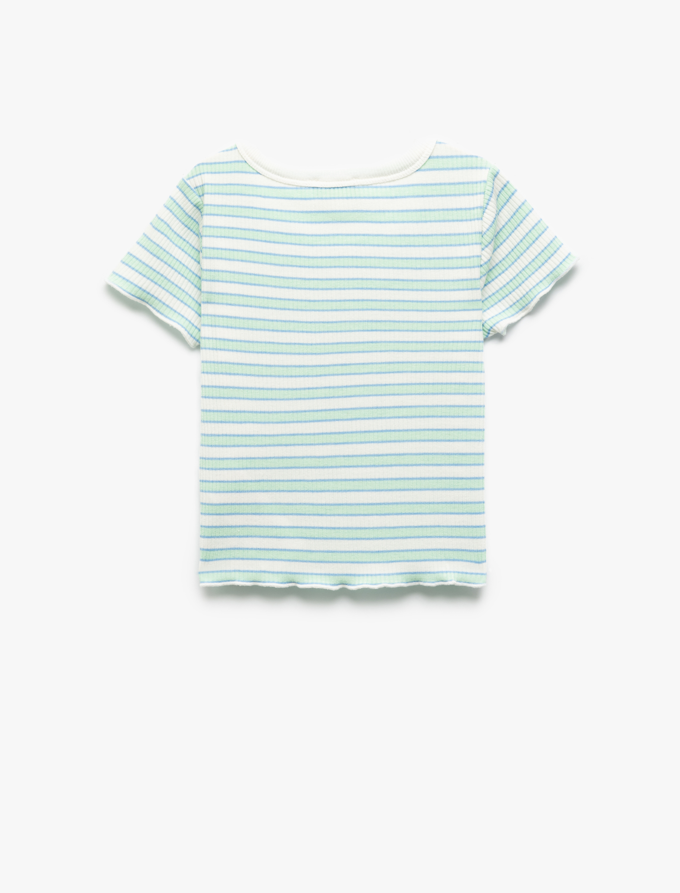  Kız Çocuk Bisiklet Yaka Kısa Kollu Kaşkorse Çizgili Crop Tişört